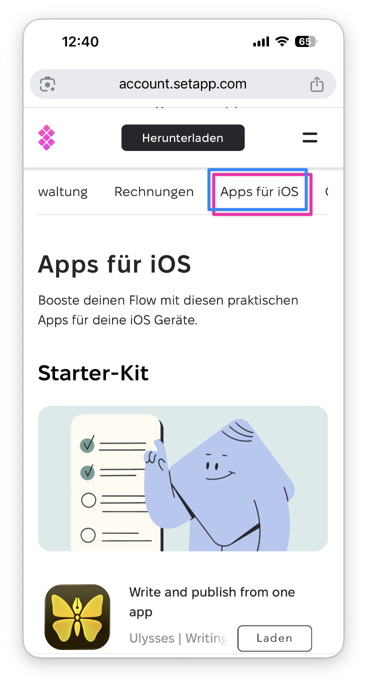 Die Ansicht zeigt den hervorgehobenen Tab Apps für iOS sowie die Überschrift Apps für iOS und eine Liste verfügbarer iOS-Apps darunter.