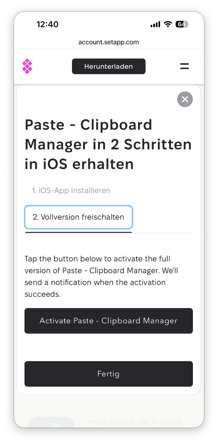Die Ansicht zeigt dasselbe Fenster mit hervorgehobenem Schritt 2. Vollversion freischalten sowie den Buttons Activate Paste - Clipboard Manager und Fertig darunter.