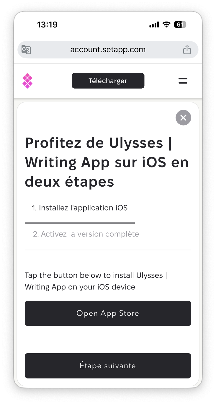 La capture montre l’étape 1. Installez l'application iOS dans une fenêtre modale, avec le bouton Open App Store pour installer l’app sur un appareil iOS.