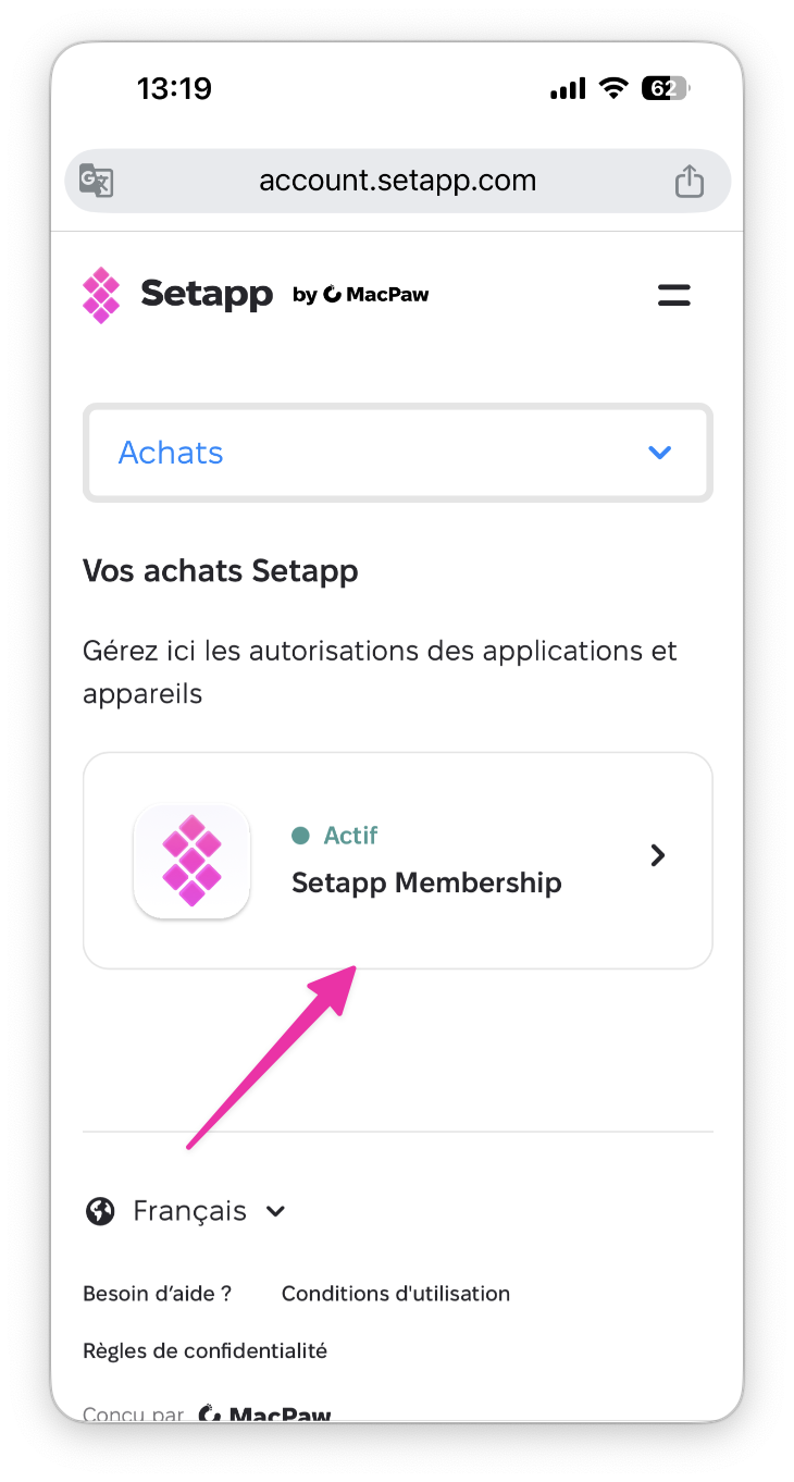 La capture montre la page Vos achats Setapp avec la carte Setapp Membership marquée Actif, mise en évidence par une flèche rose indiquant l’abonnement actif.