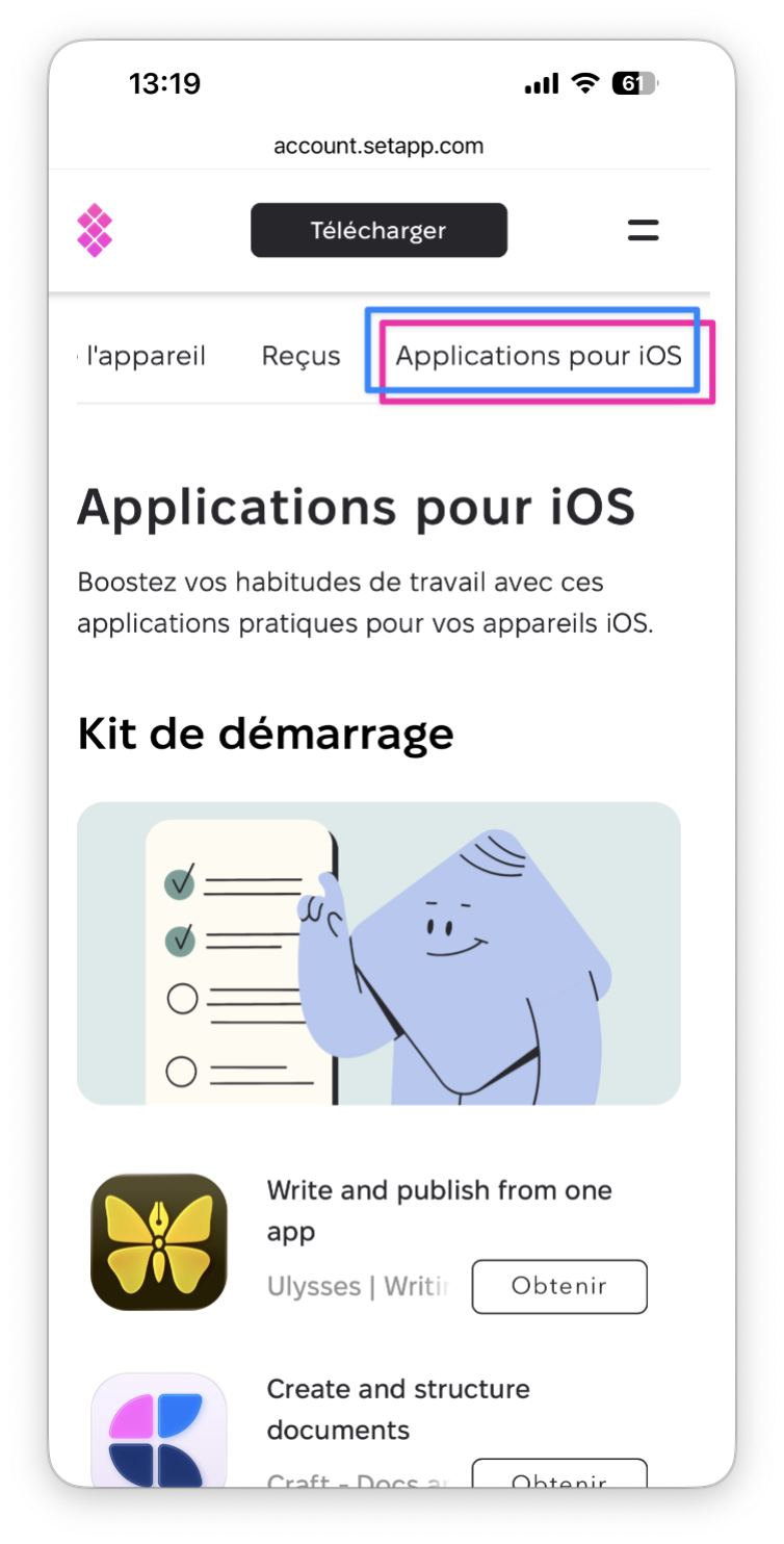 La capture affiche l’onglet Applications pour iOS encadré en bleu et rose dans la barre de navigation, indiquant la section sélectionnée.