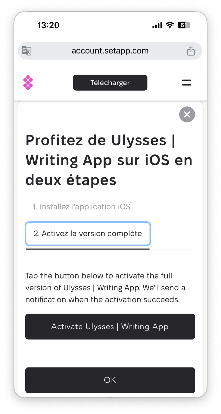 La capture affiche l’étape 2. Activez la version complète mise en évidence, avec le bouton Activate Ulysses | Writing App pour activer la version complète.