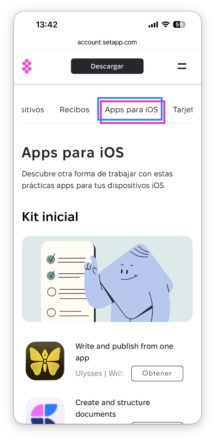 La captura muestra la pestaña Apps para iOS resaltada en la barra de navegación, con la página Apps para iOS abierta debajo.
