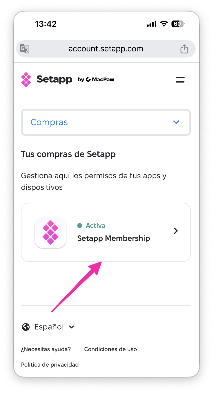 La captura muestra la sección Compras de una cuenta de Setapp con la tarjeta Setapp Membership marcada como Activa, señalada con una flecha rosa.