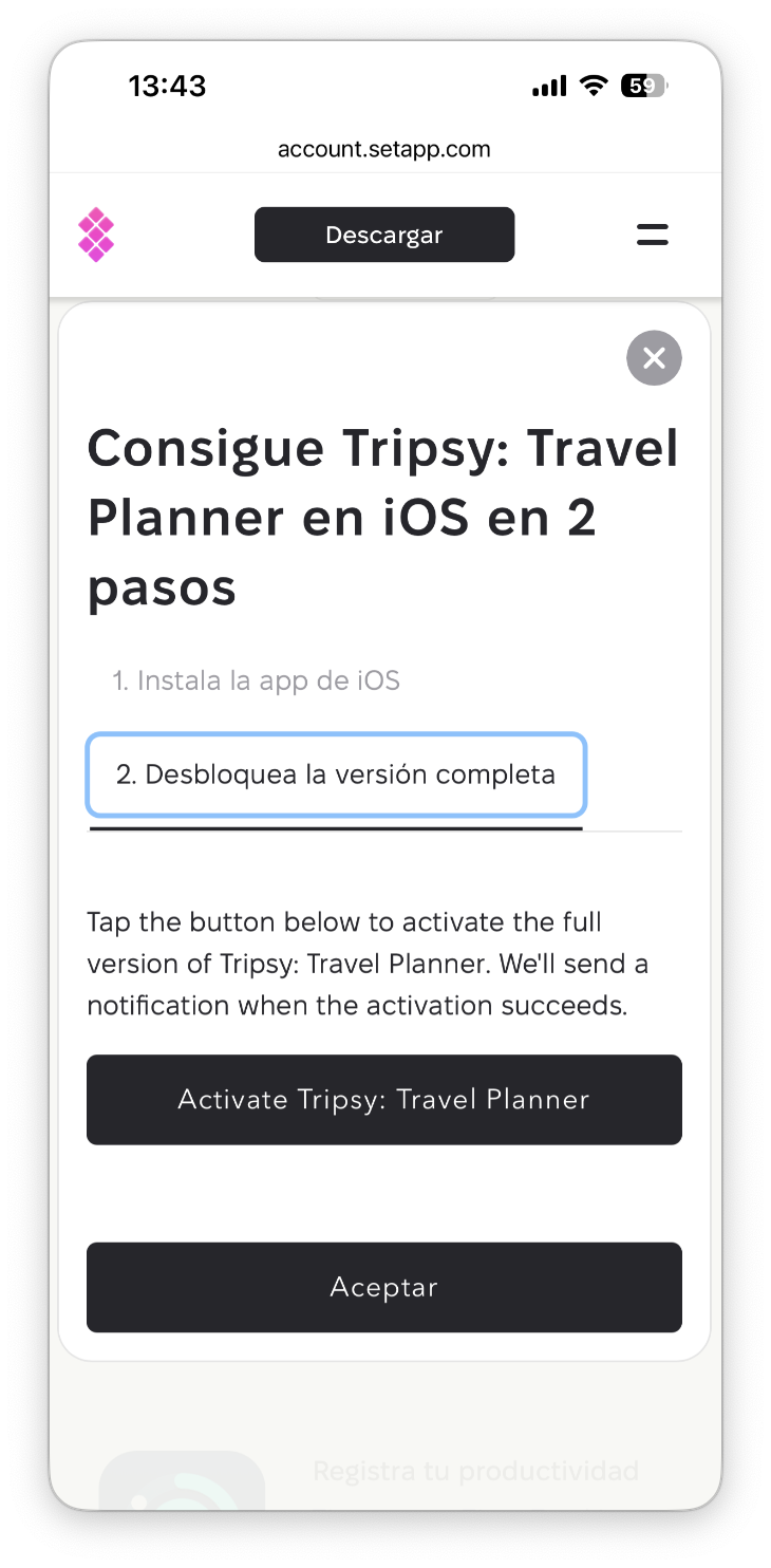 La captura muestra la misma ventana modal con el paso 2 Desbloquea la versión completa resaltado y los botones Activate Tripsy: Travel Planner y Aceptar.
