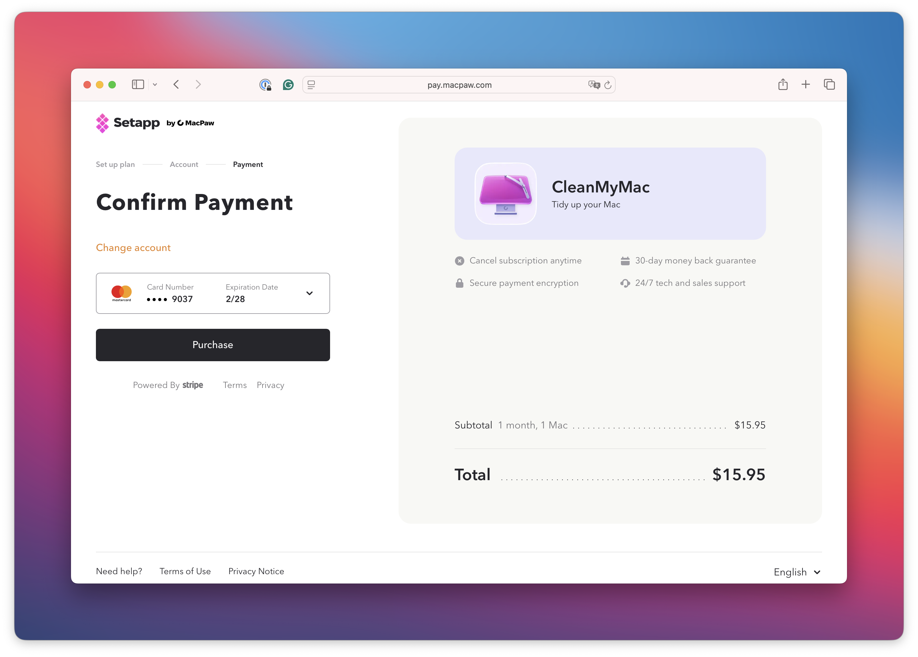 The screenshot shows the Confirm Payment page with saved card details, a Purchase button, and the total $15.95 displayed on the right.