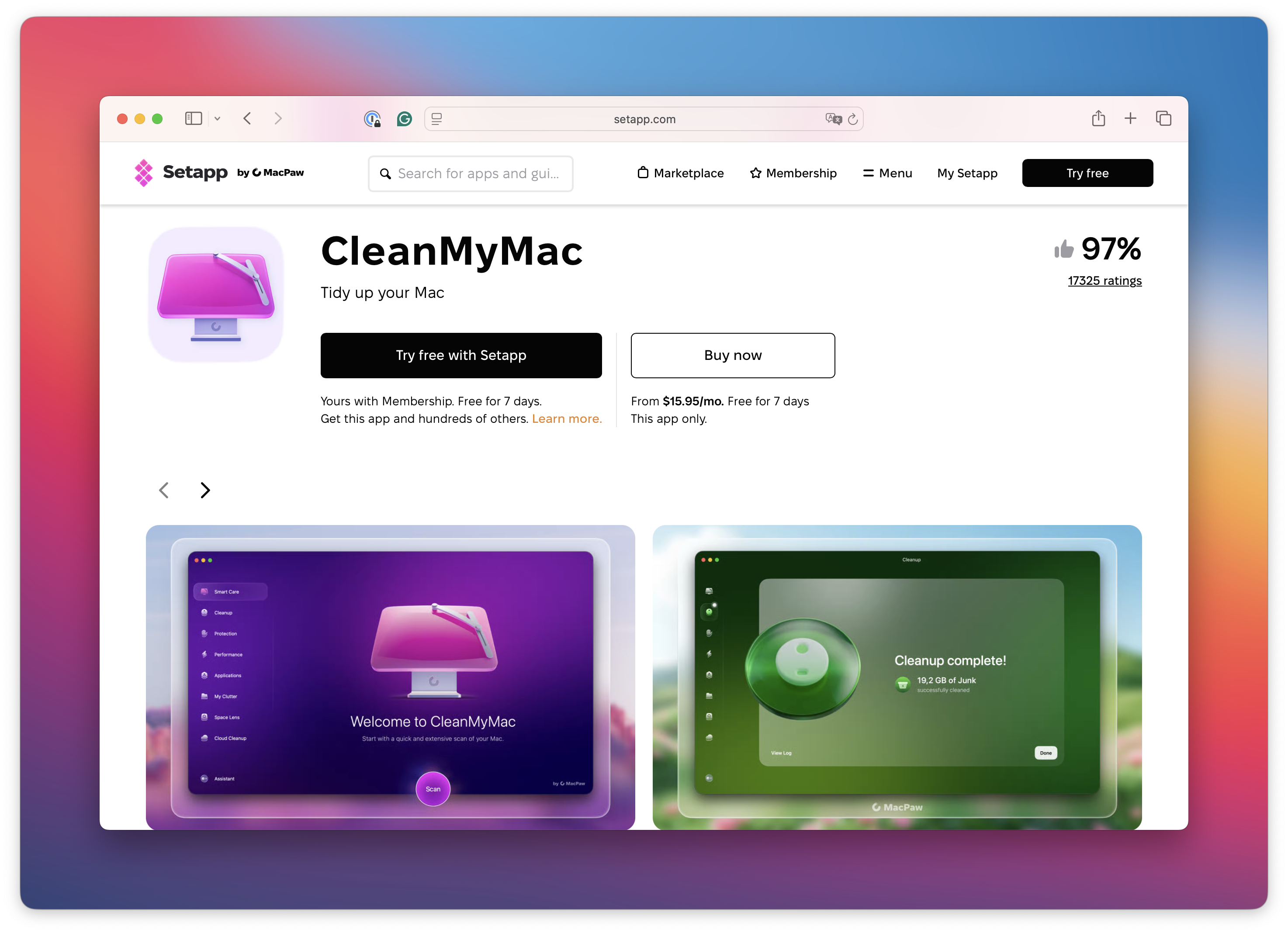 The screenshot shows the CleanMyMac product page on the Setapp website with buttons Try free with Setapp and Buy now