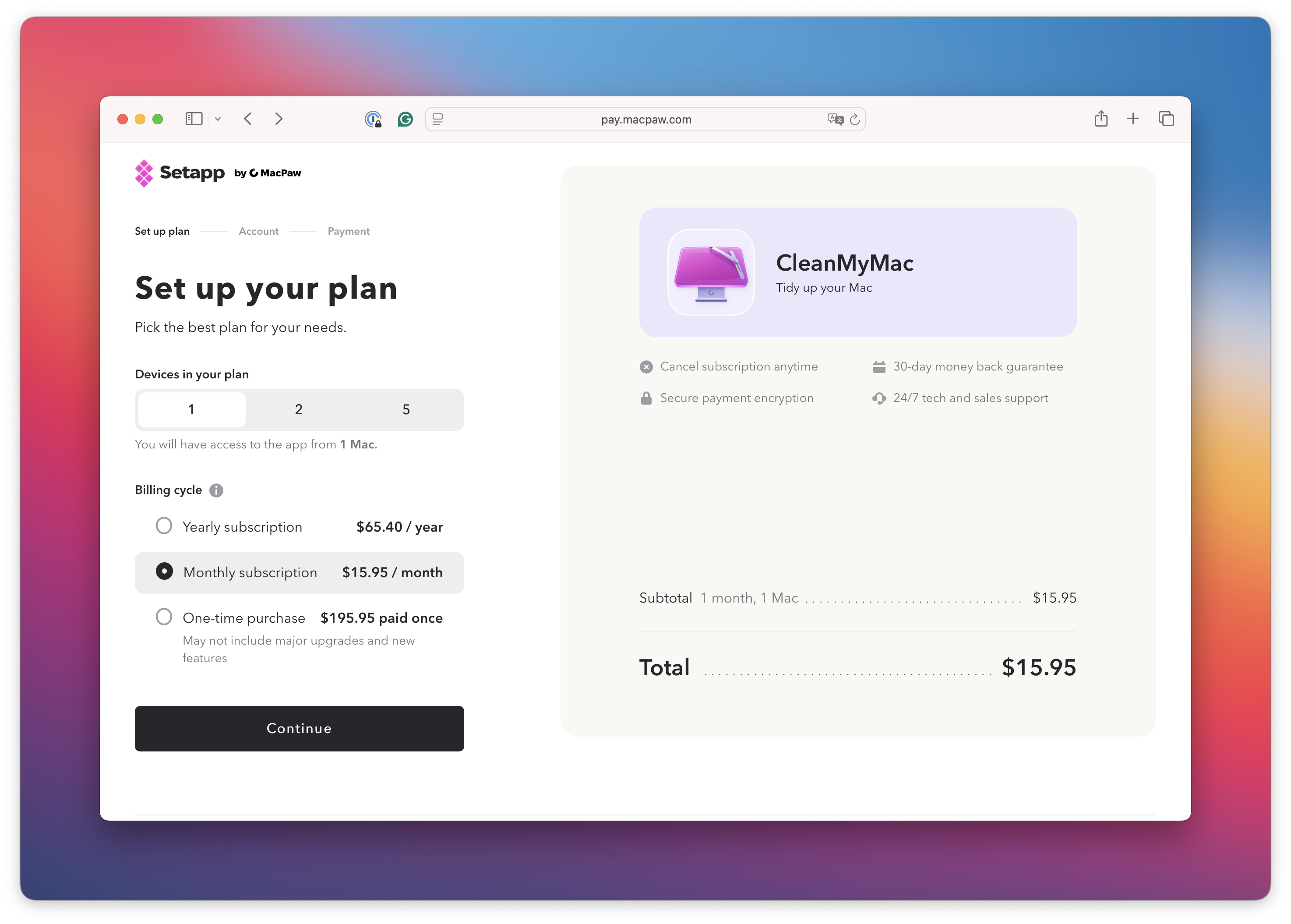 he screenshot shows the Set up your plan page with Monthly subscription $15.95 / month selected, device options, a Continue button, and the order summary on the right.