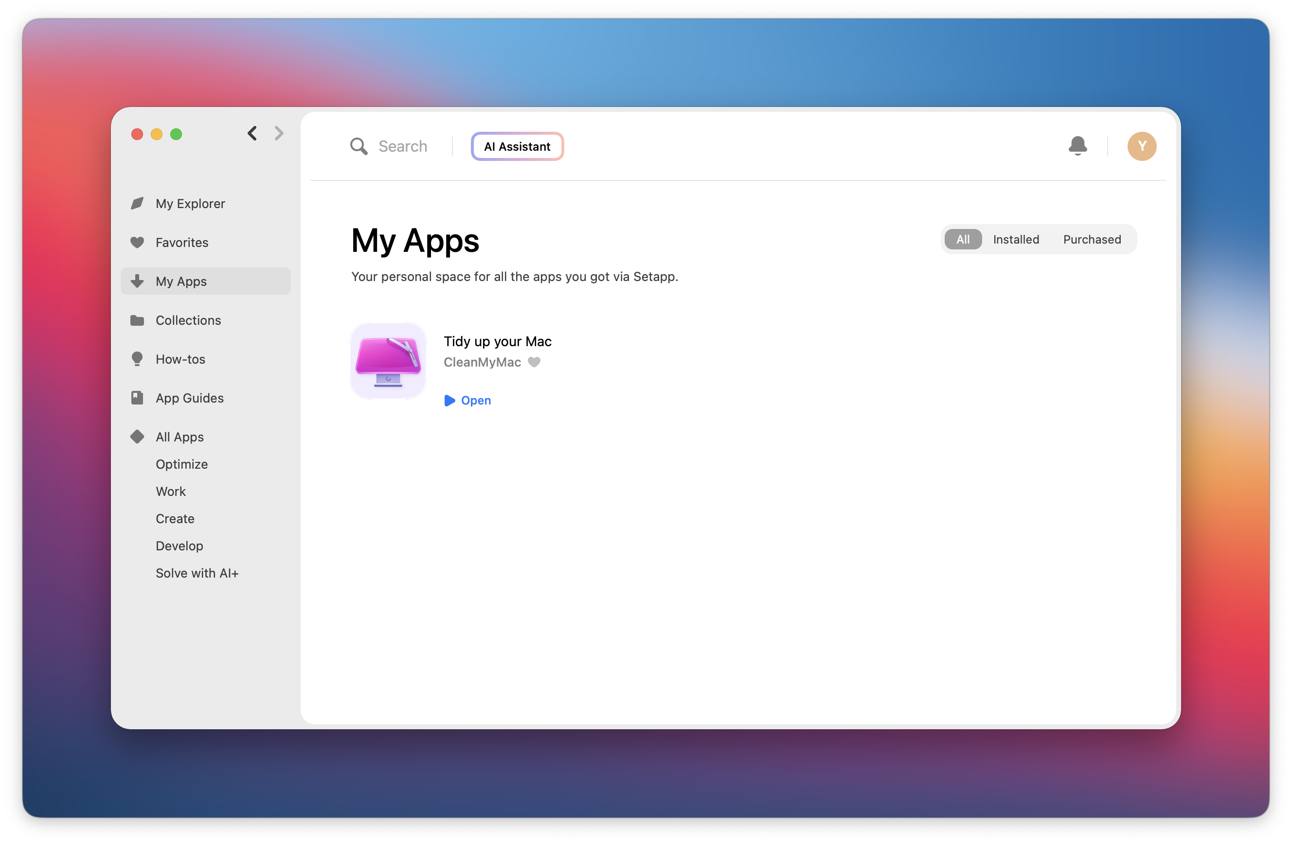 The screenshot shows the My Apps section in the Setapp desktop app with CleanMyMac listed and an Open button visible.