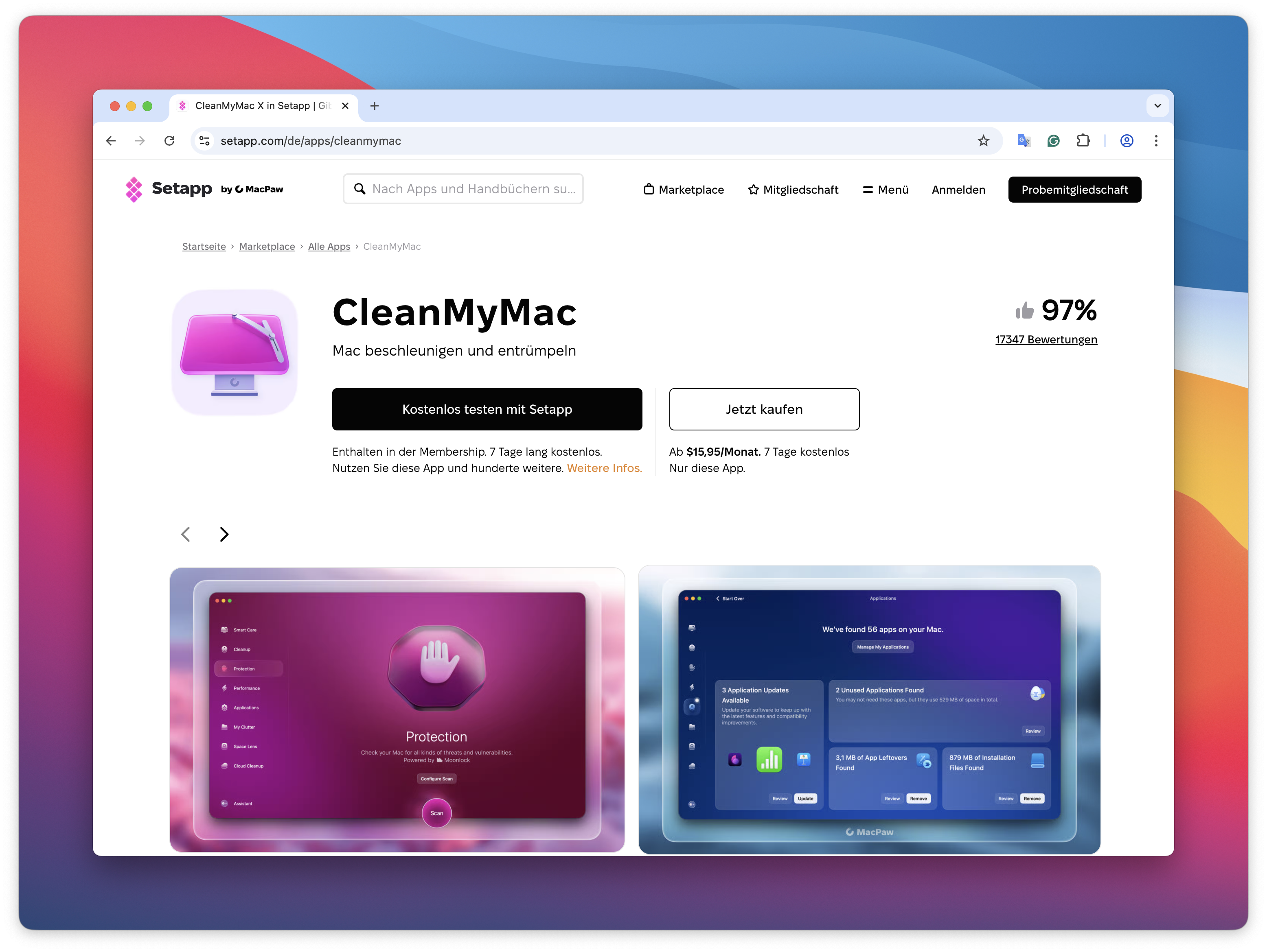 Die Ansicht zeigt die CleanMyMac-Seite auf der Setapp-Website mit der Schaltfläche Kostenlos testen mit Setapp und der Option Jetzt kaufen sowie einer Bewertung von 97 % auf der rechten Seite.