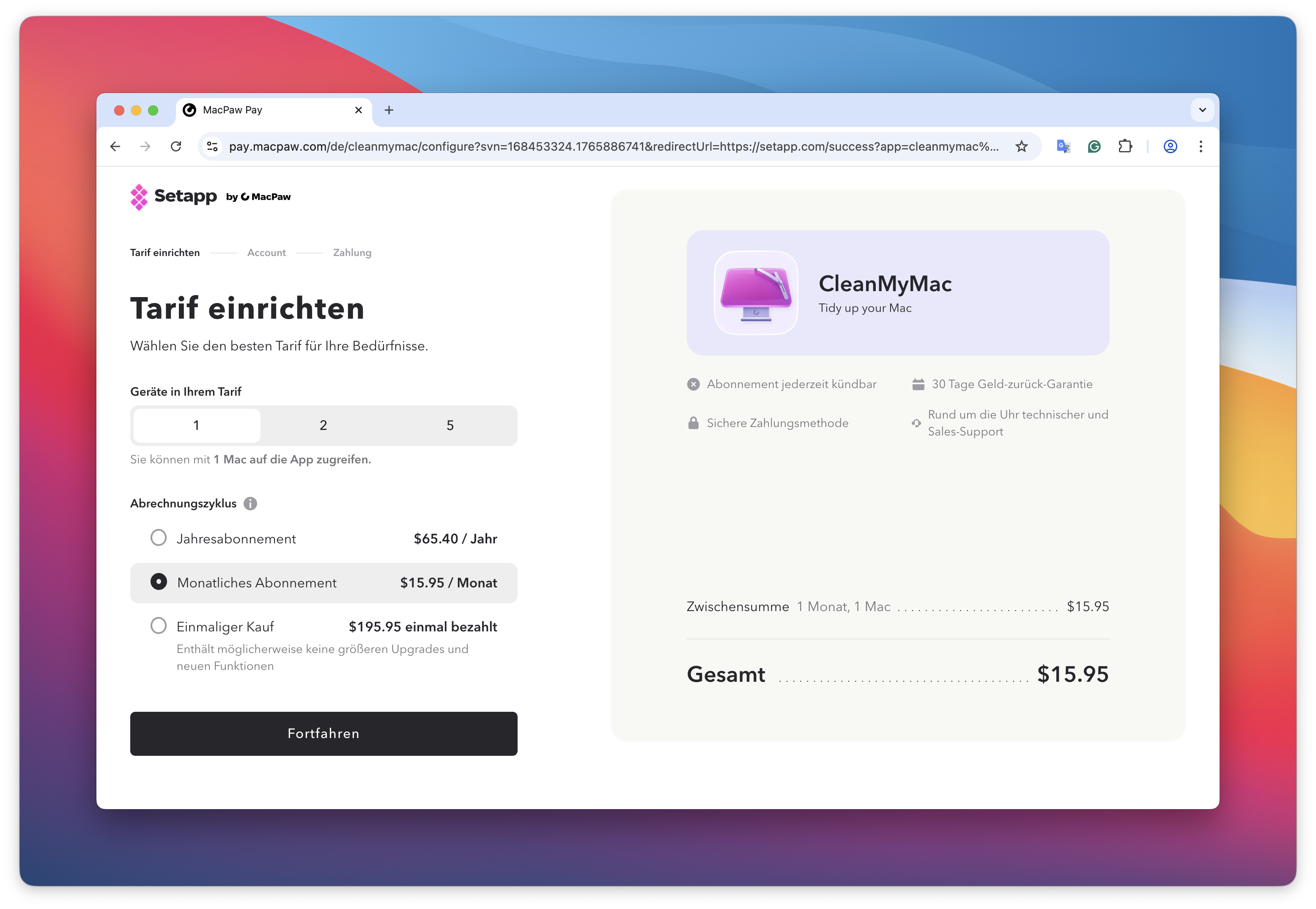 Die Ansicht zeigt die Seite Tarif einrichten mit ausgewähltem Monatliches Abonnement für $15.95 / Monat, 1 gewähltem Gerät und der Schaltfläche Fortfahren unten.