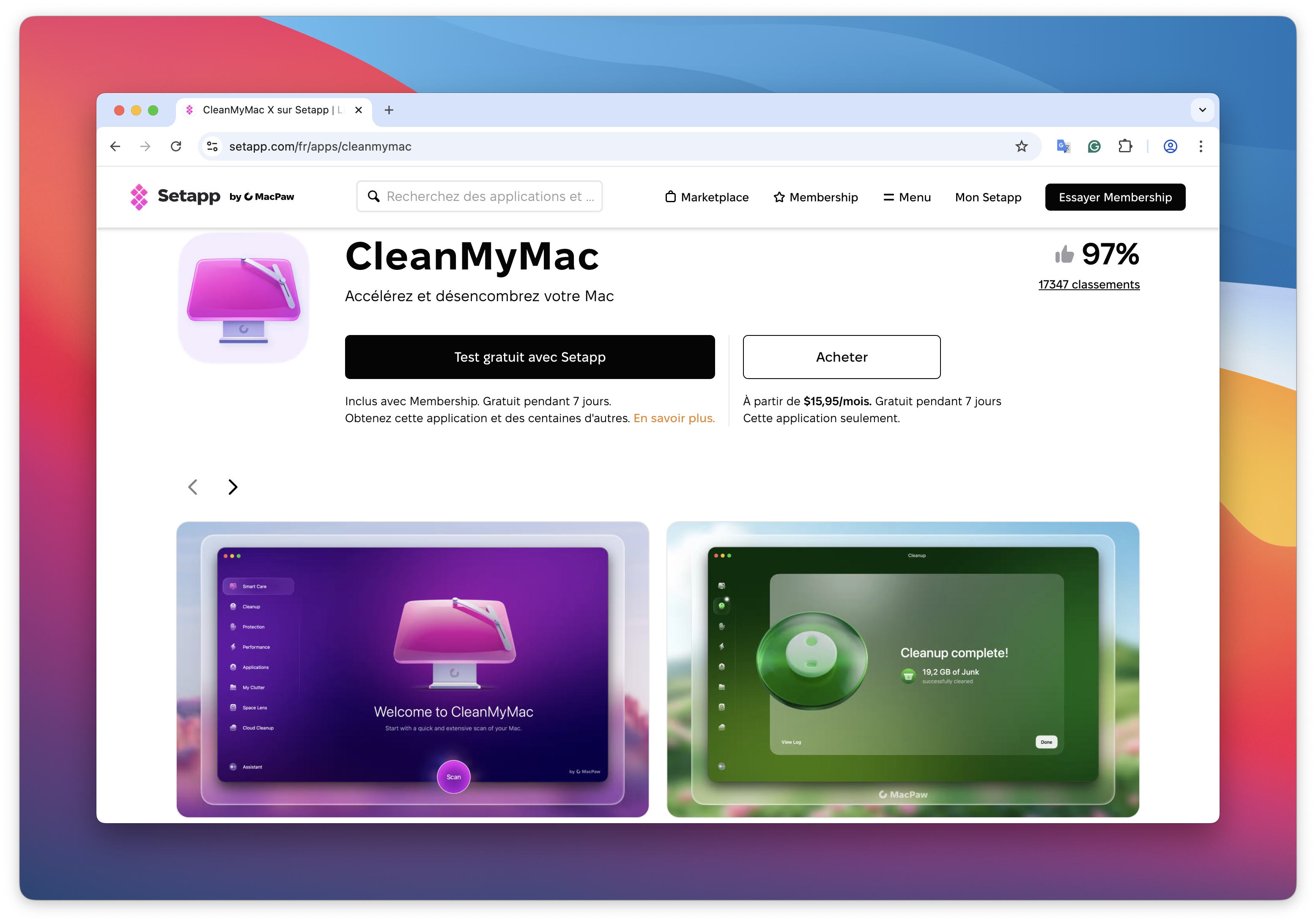 La page produit affiche un bouton Test gratuit avec Setapp et un bouton Acheter, ainsi qu’une note de 97 % avec le nombre de classements. Des captures d’écran de l’application sont présentées en dessous.