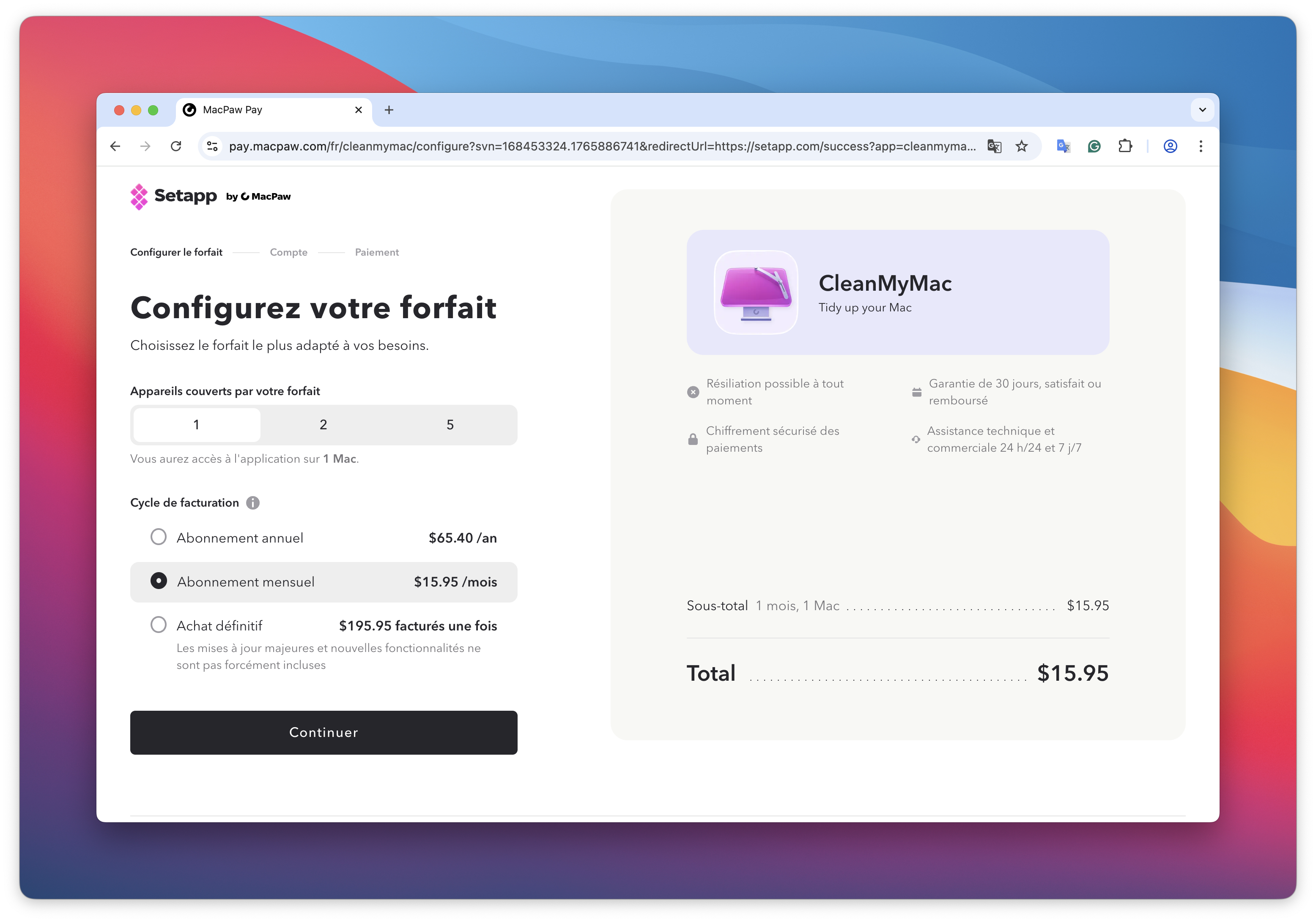 La page Configurez votre forfait montre la sélection de 1 appareil et l’option Abonnement mensuel à 15,95 $/mois activée, avec un bouton Continuer en bas. Un récapitulatif à droite affiche le sous-total et le total de 15,95 $.