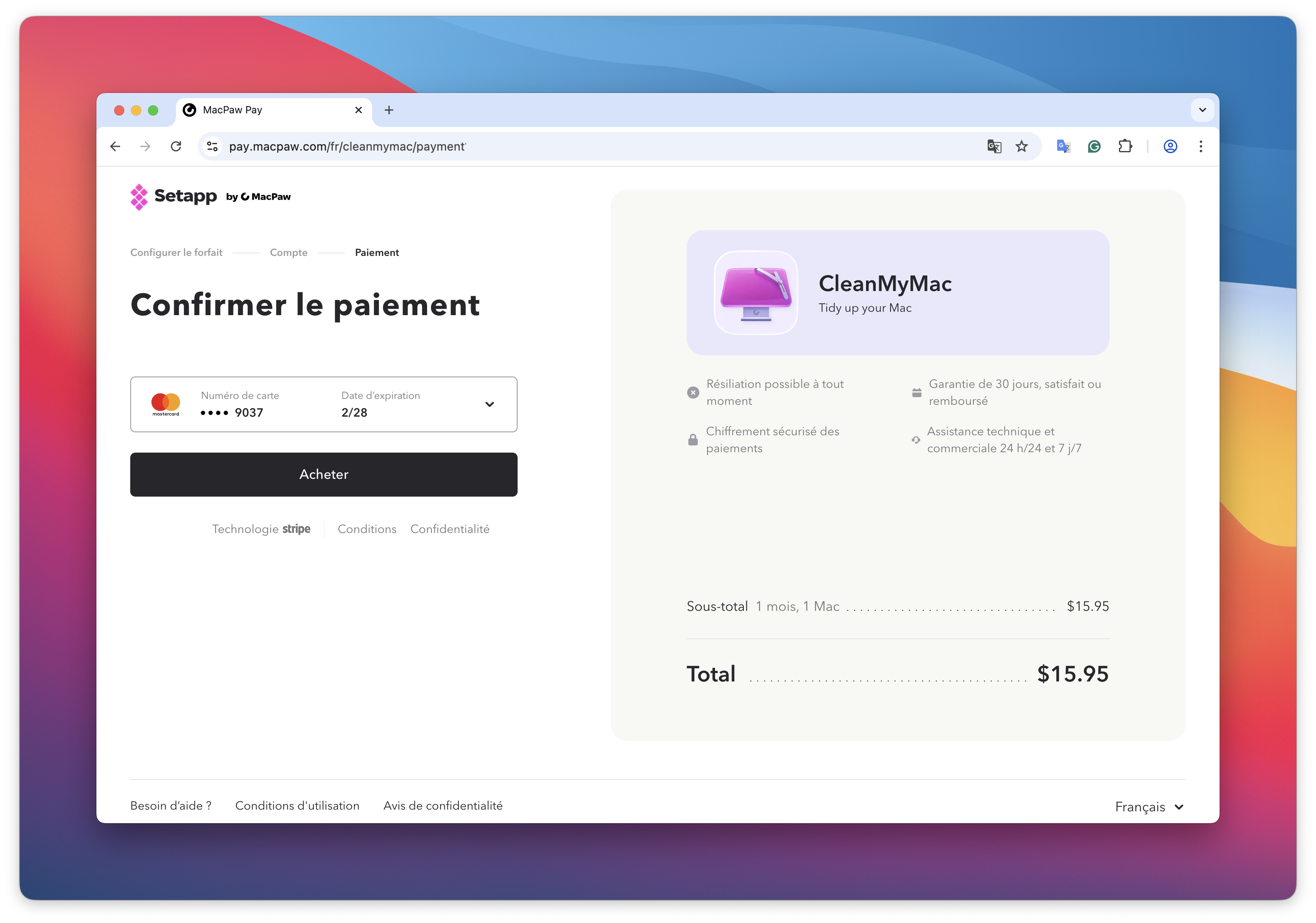La page Confirmer le paiement affiche une carte enregistrée se terminant par 9037 avec expiration 2/28 et un bouton Acheter. Le récapitulatif à droite indique un total de 15,95 $.