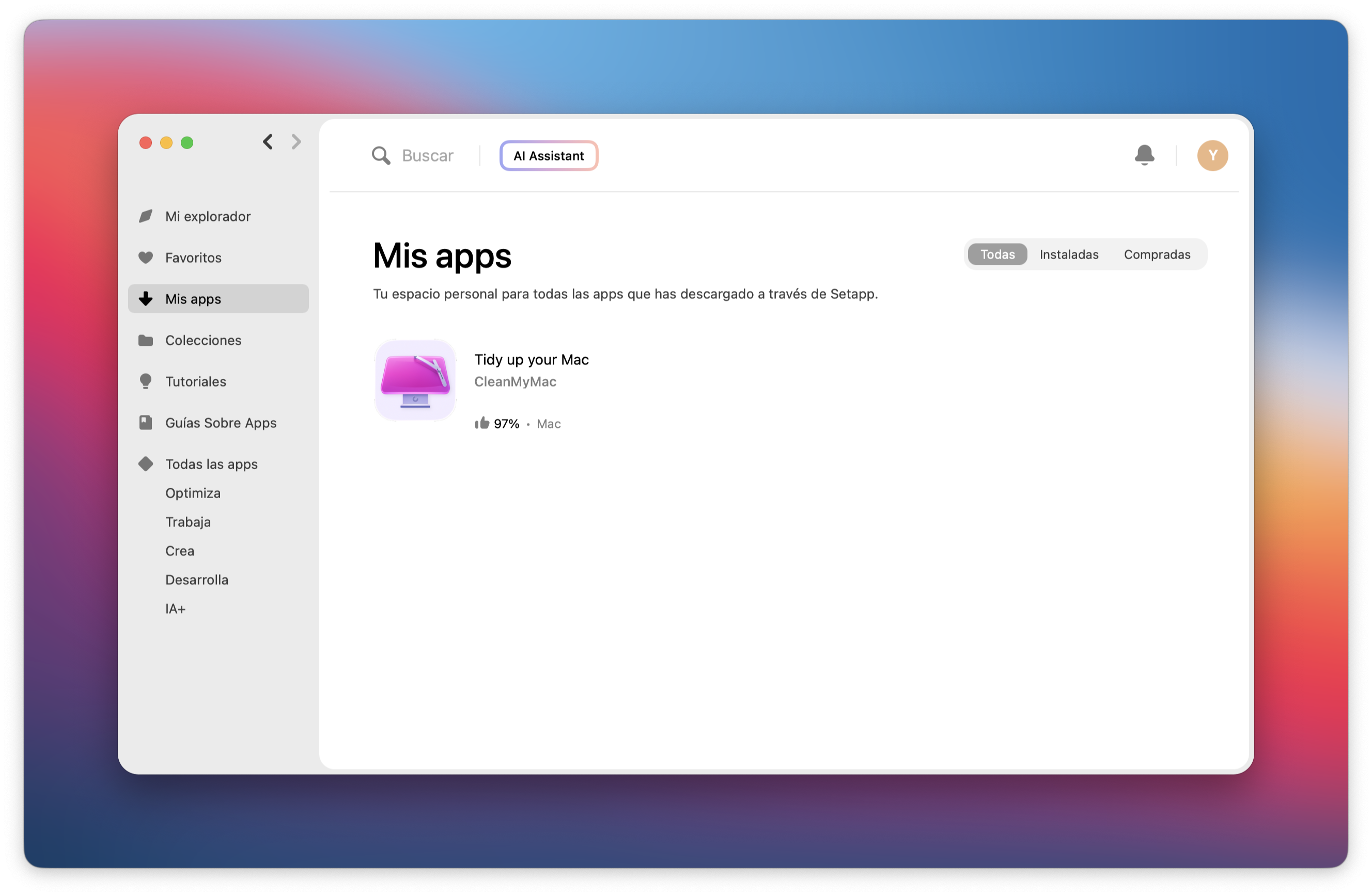 La captura muestra la sección Mis apps con la pestaña Todas activa y la app CleanMyMac listada con una valoración del 97% en la biblioteca del usuario.