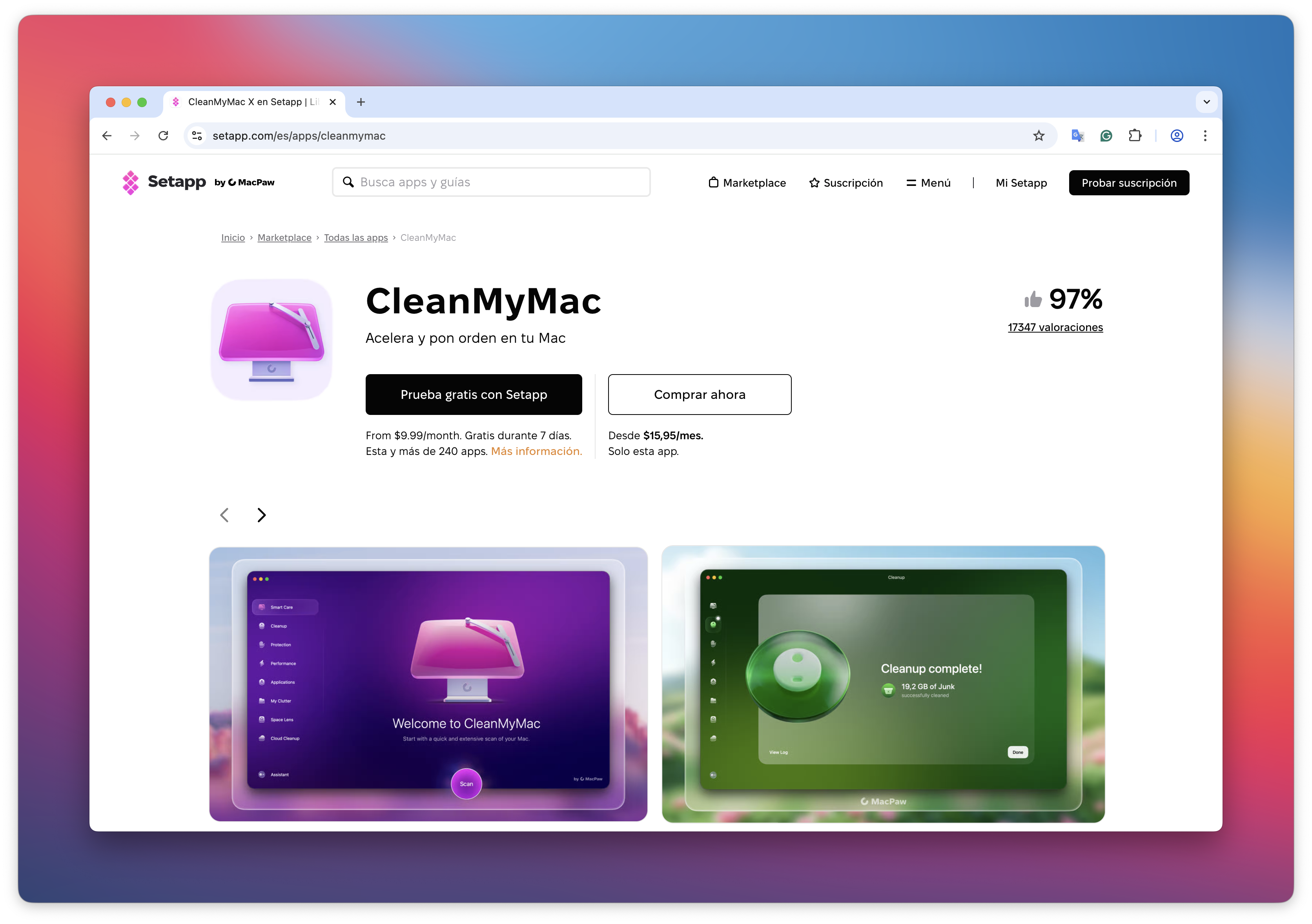 La captura muestra la página de CleanMyMac en Setapp con los botones Prueba gratis con Setapp y Comprar ahora, una valoración del 97% con 17347 valoraciones y vistas previas de la app debajo.