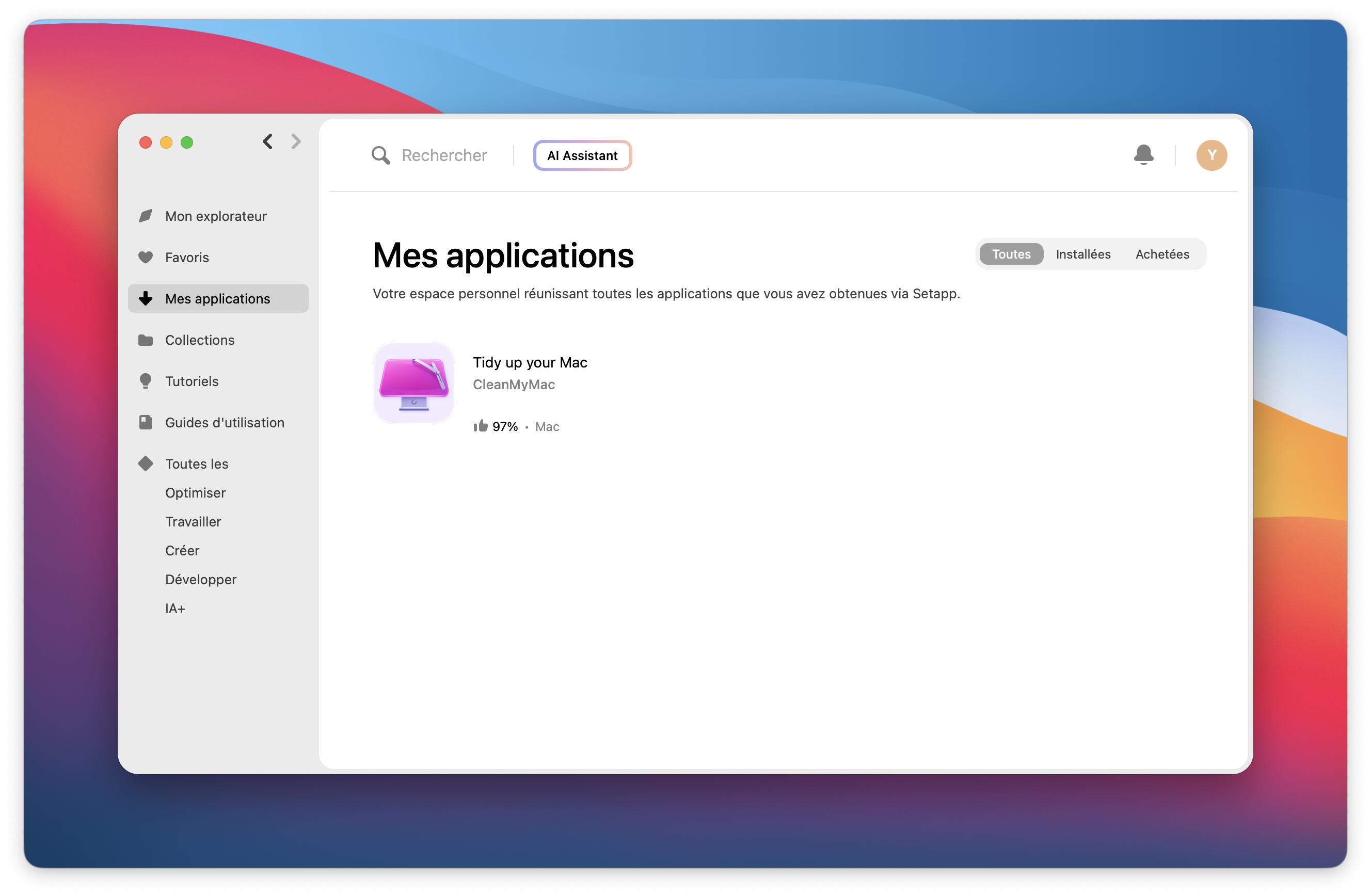La section Mes applications est ouverte dans la barre latérale, affichant une application avec une note de 97 % pour Mac. En haut à droite, le statut Forfait Membership actif est visible.