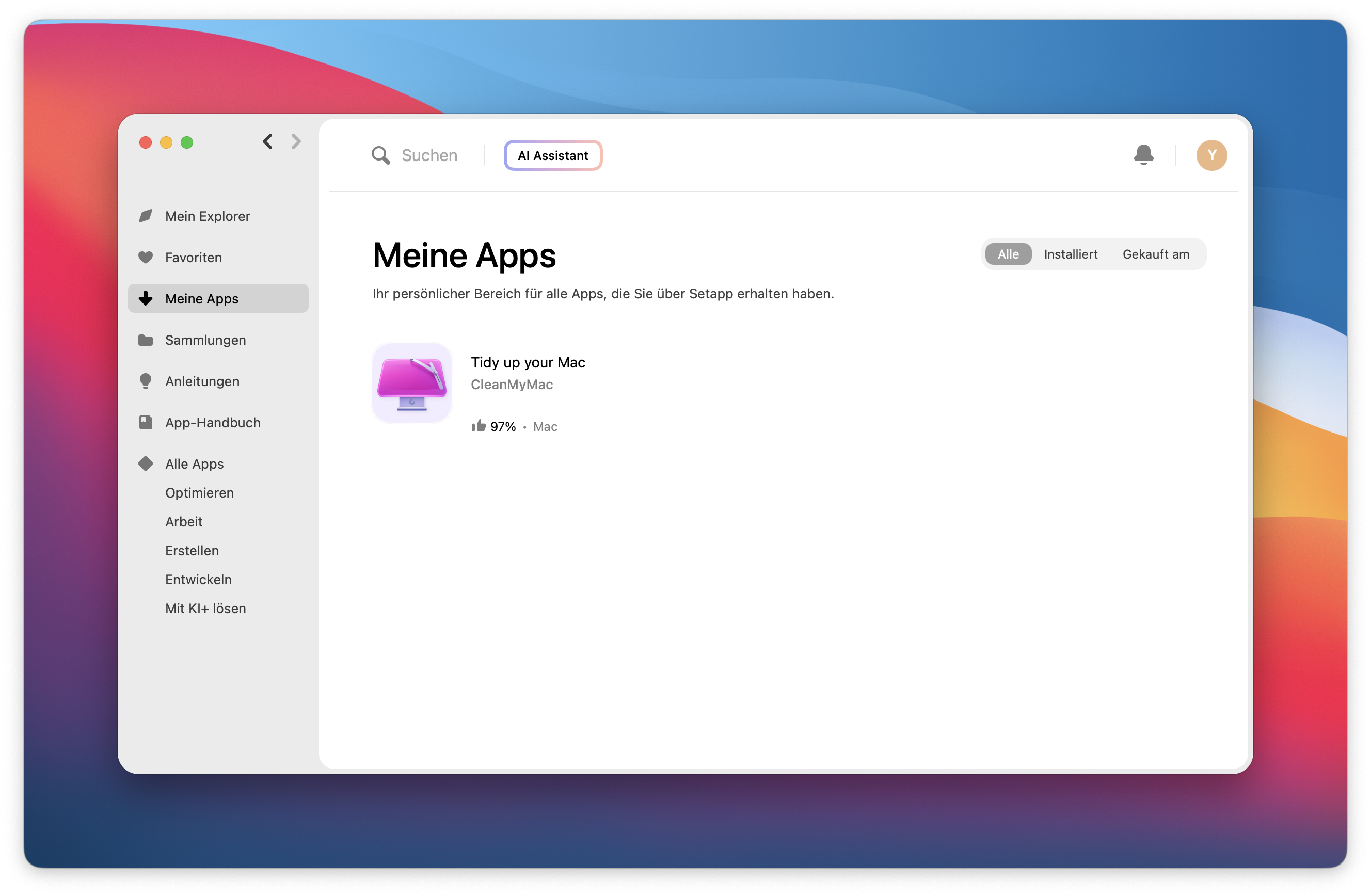 Die Ansicht zeigt den Bereich Meine Apps in der Setapp-App mit der ausgewählten Seitenleiste Meine Apps und dem Eintrag CleanMyMac mit einer Bewertung von 97 %.