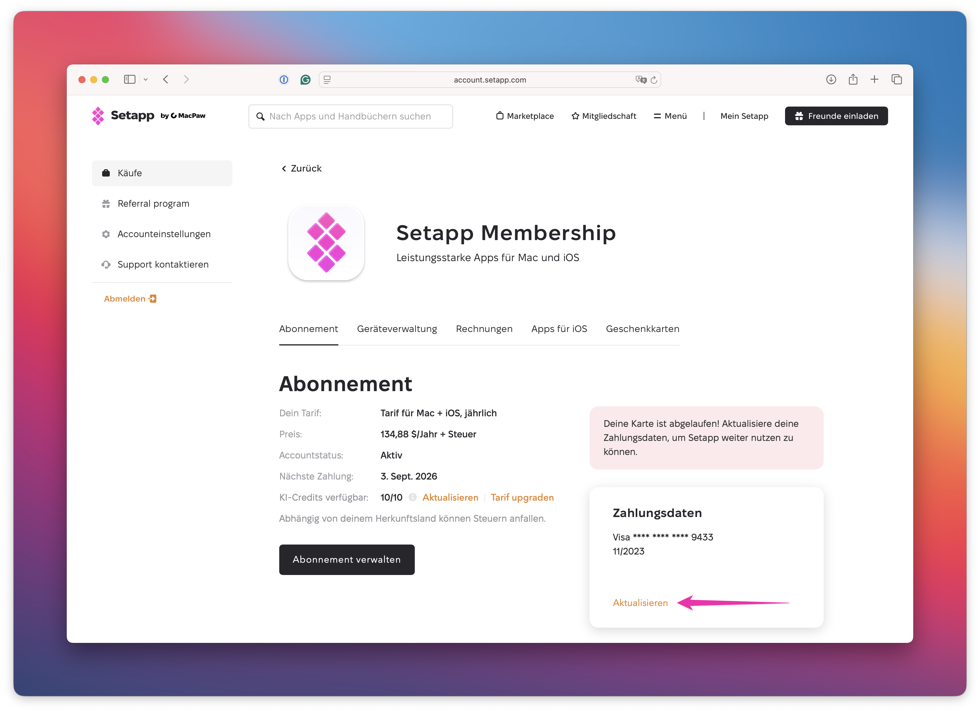 Setapp-Konto mit Abonnementdetails, abgelaufener Karte und hervorgehobenem Link „Aktualisieren" unter Zahlungsdaten.