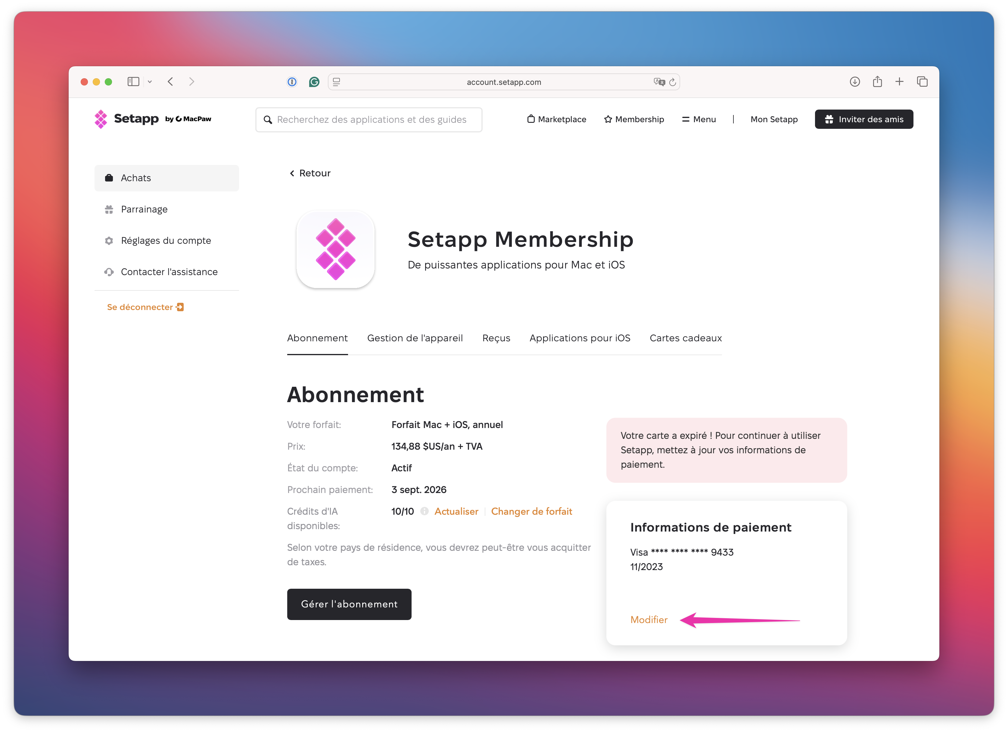 Compte Setapp avec détails d'abonnement, carte expirée et lien « Modifier » mis en évidence sous Informations de paiement.