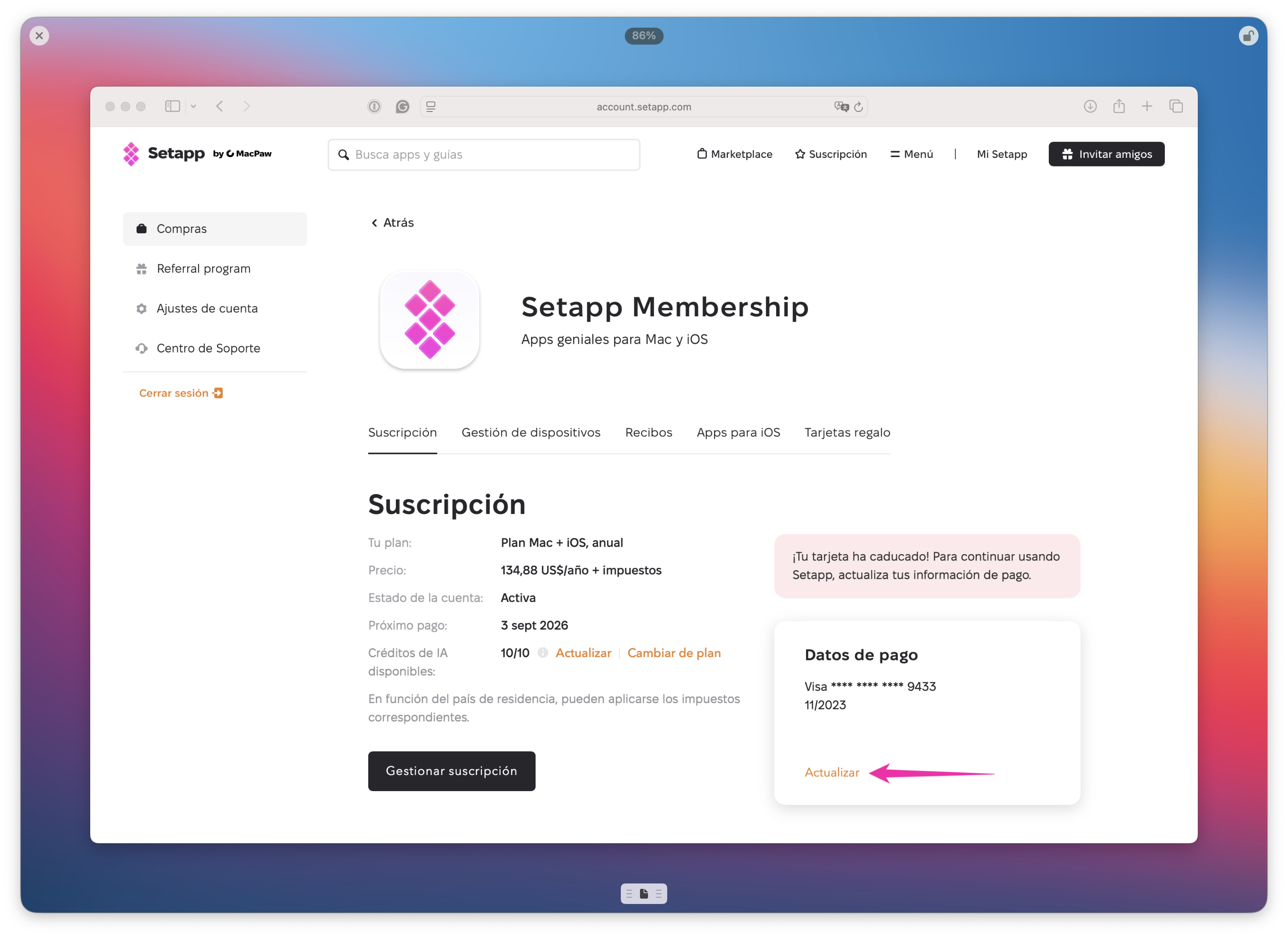 Cuenta Setapp con detalles de suscripción, tarjeta caducada y enlace «Actualizar» destacado bajo Datos de pago.