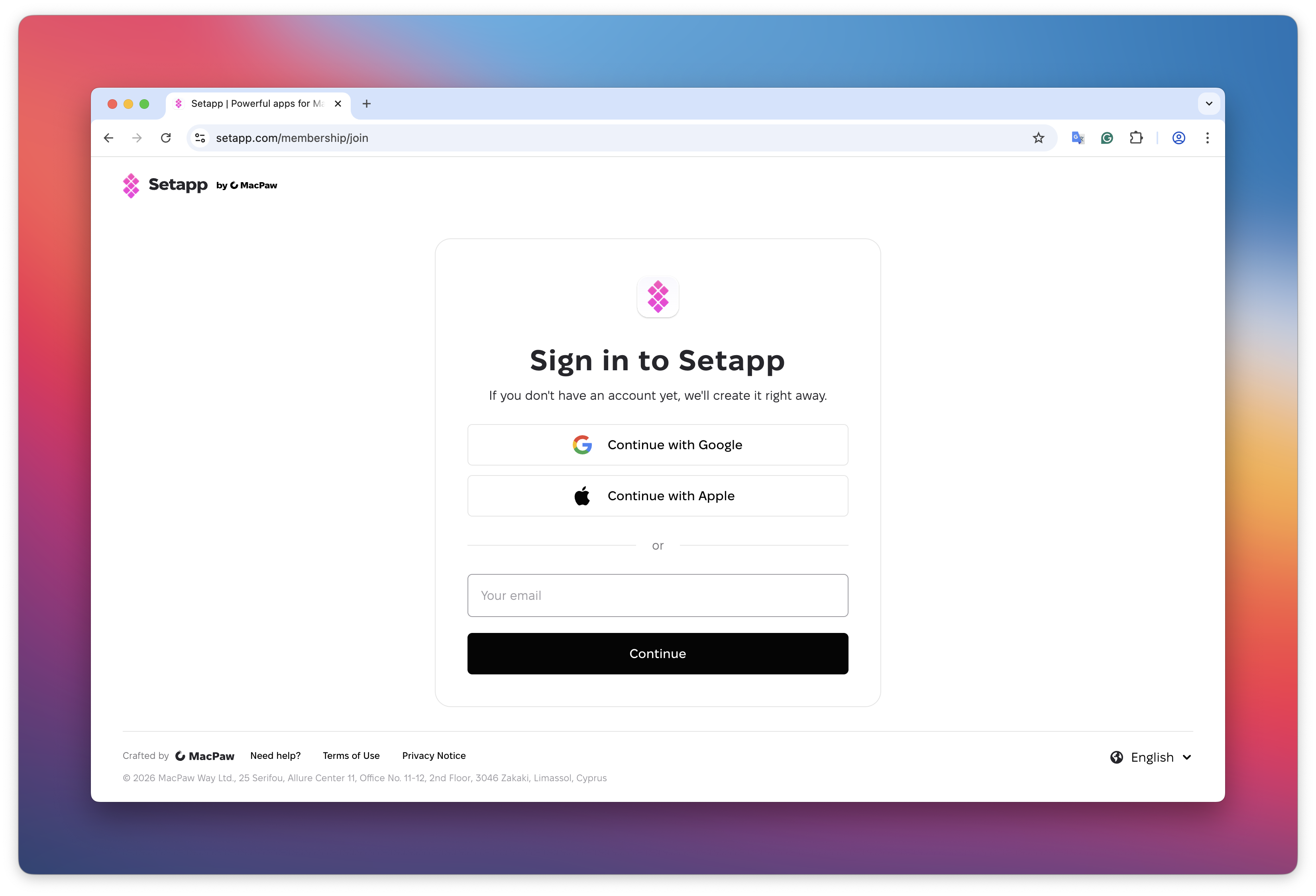 Setapp sign-in page with Continue with Google, Continue with Apple options and email field.