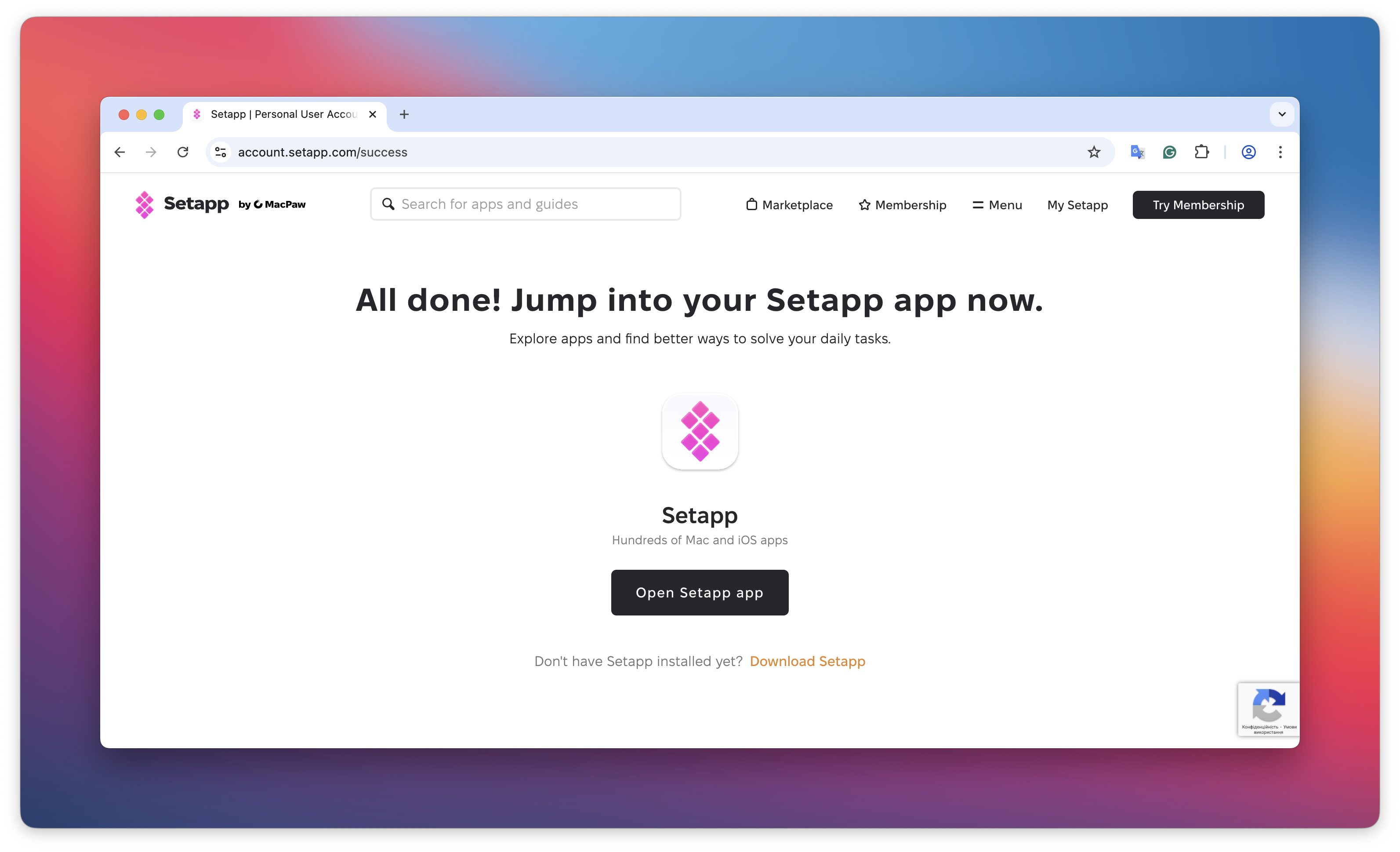 Setapp success page after sign-up with "Open Setapp app" button and "Download Setapp" link.