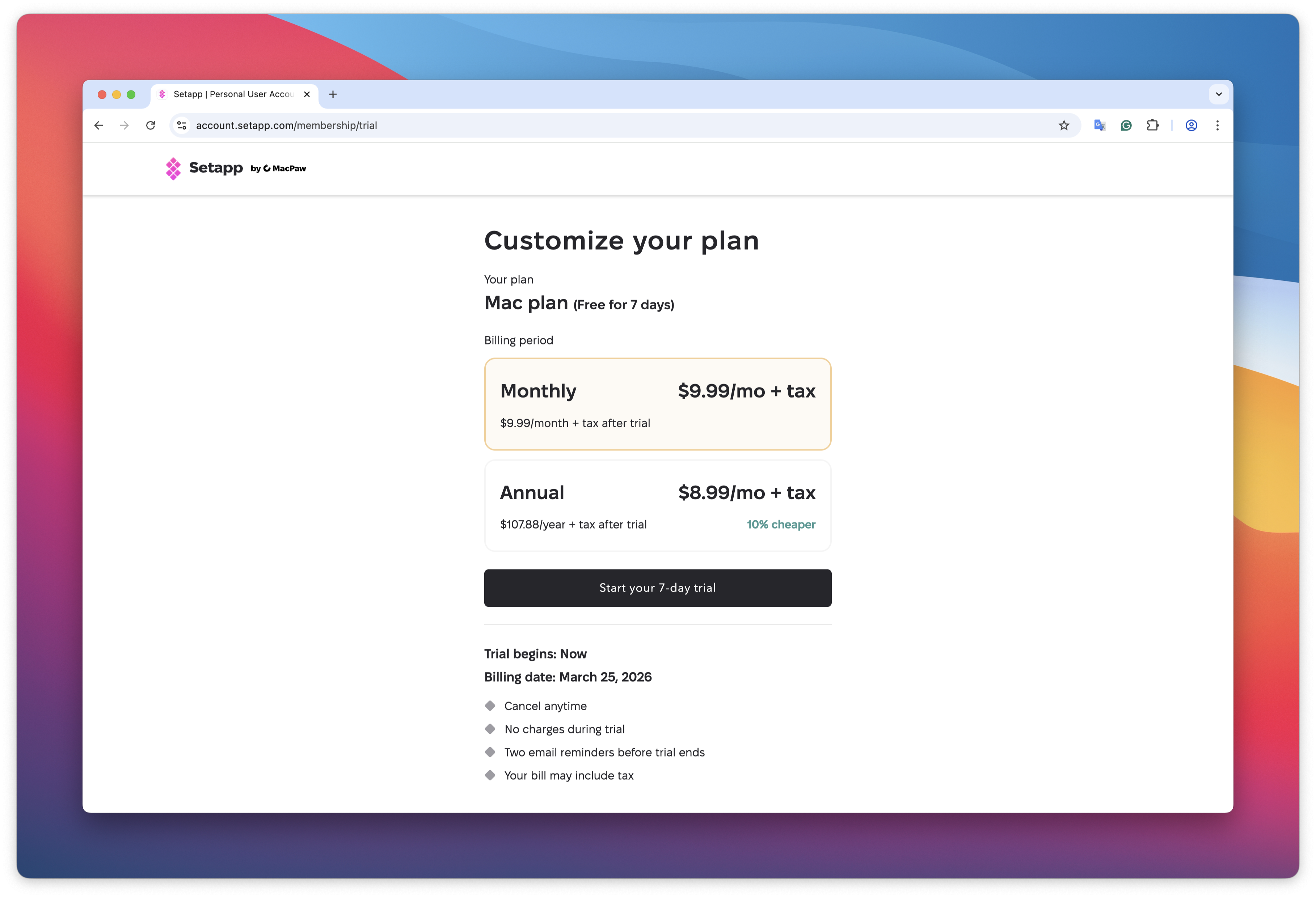 The screenshot shows the plan selection page with “Monthly $9.99/mo + tax” highlighted as the chosen billing option
