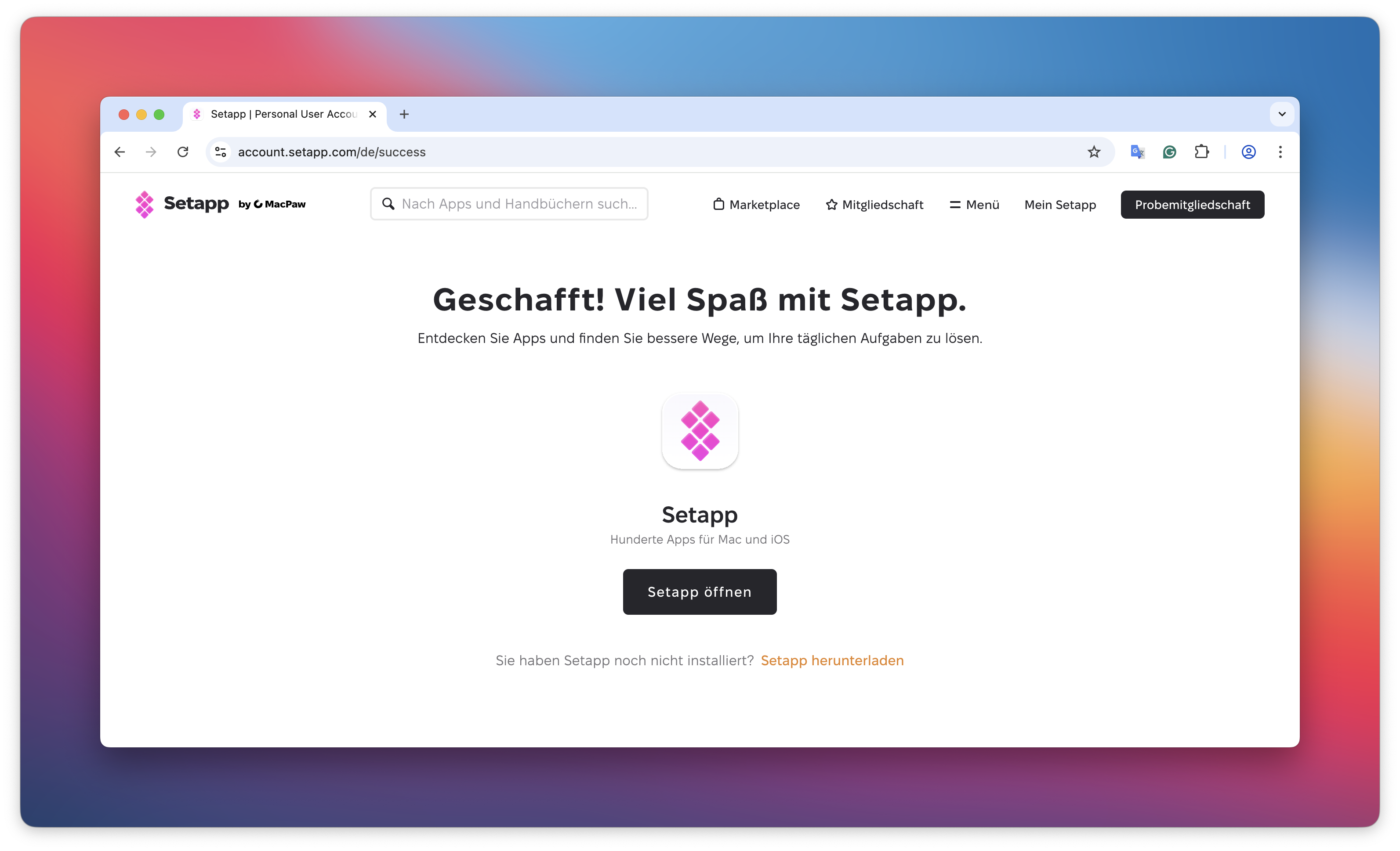 Setapp-Erfolgsseite nach der Anmeldung mit der Schaltfläche „Setapp öffnen" und Link „Setapp herunterladen".