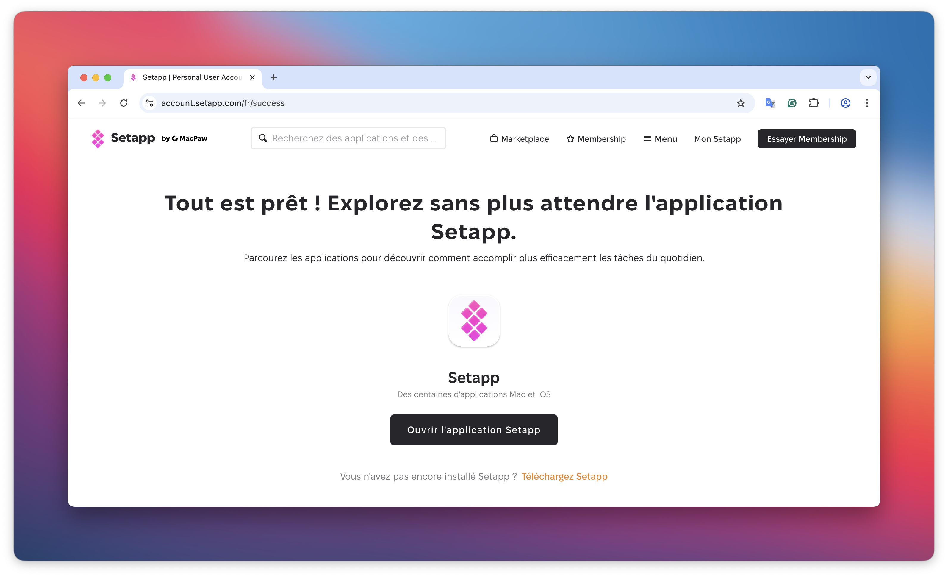 Page de confirmation Setapp après l'inscription avec le bouton « Ouvrir l'application Setapp » et lien « Téléchargez Setapp ».
