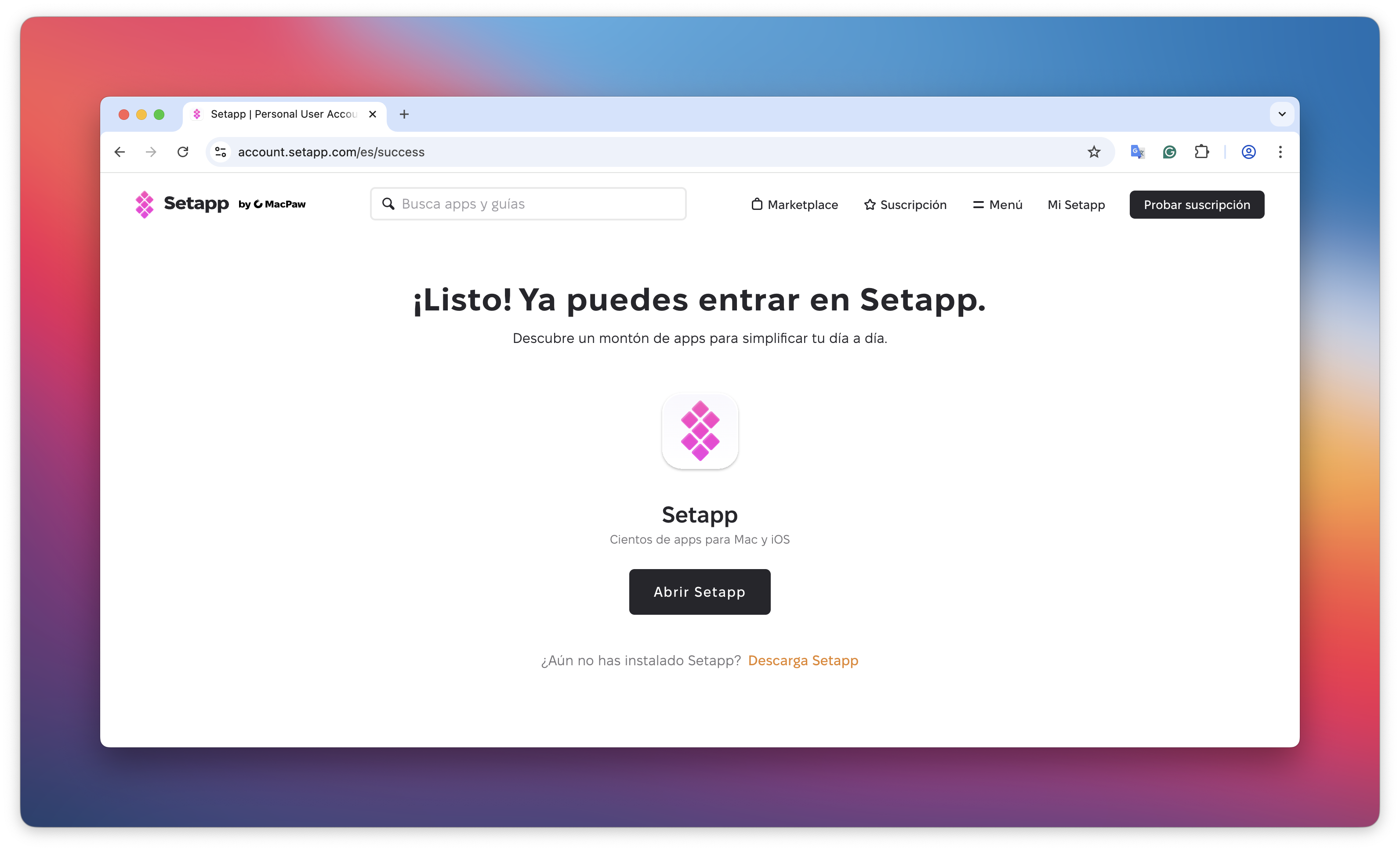 Página de confirmación de Setapp tras el registro con el botón «Abrir Setapp» y enlace «Descarga Setapp».