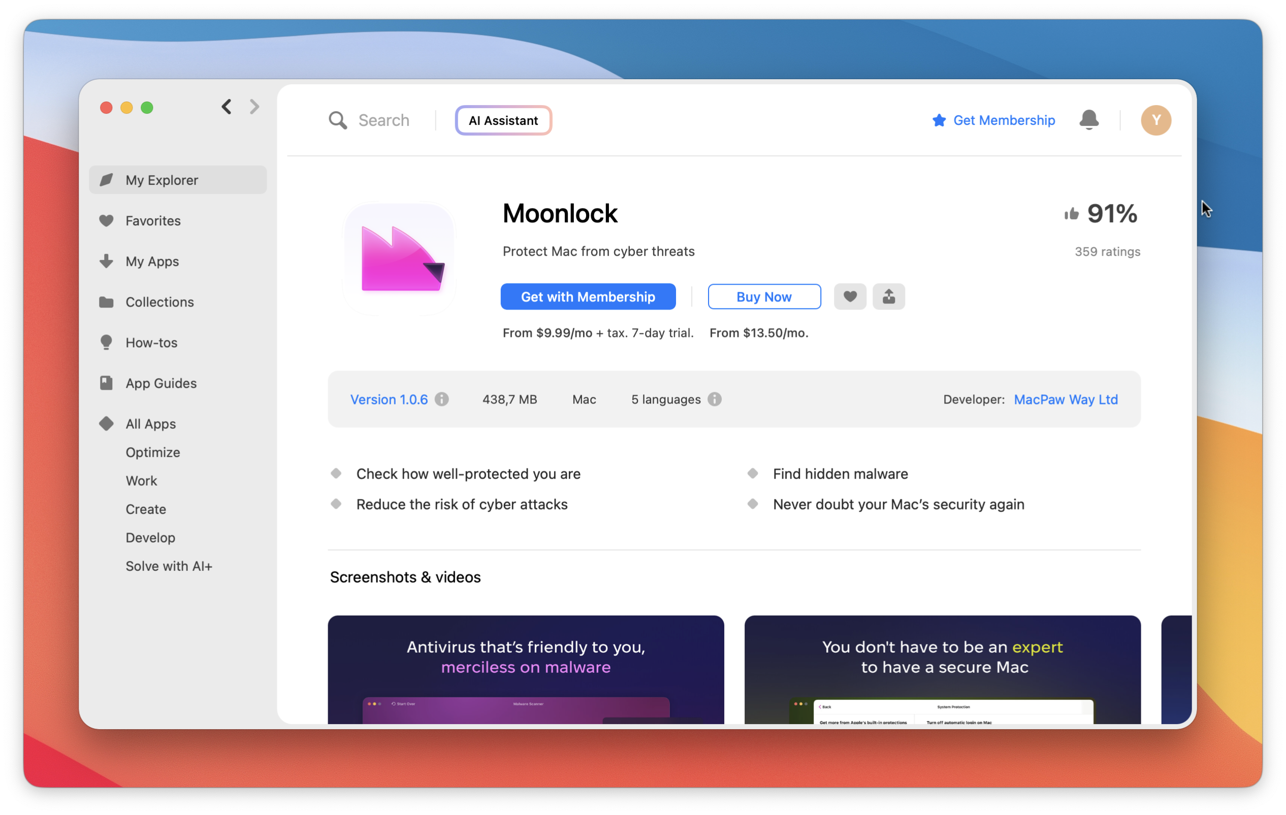 The screenshot shows the Moonlock app page with options to get the app via membership or buy it separately
