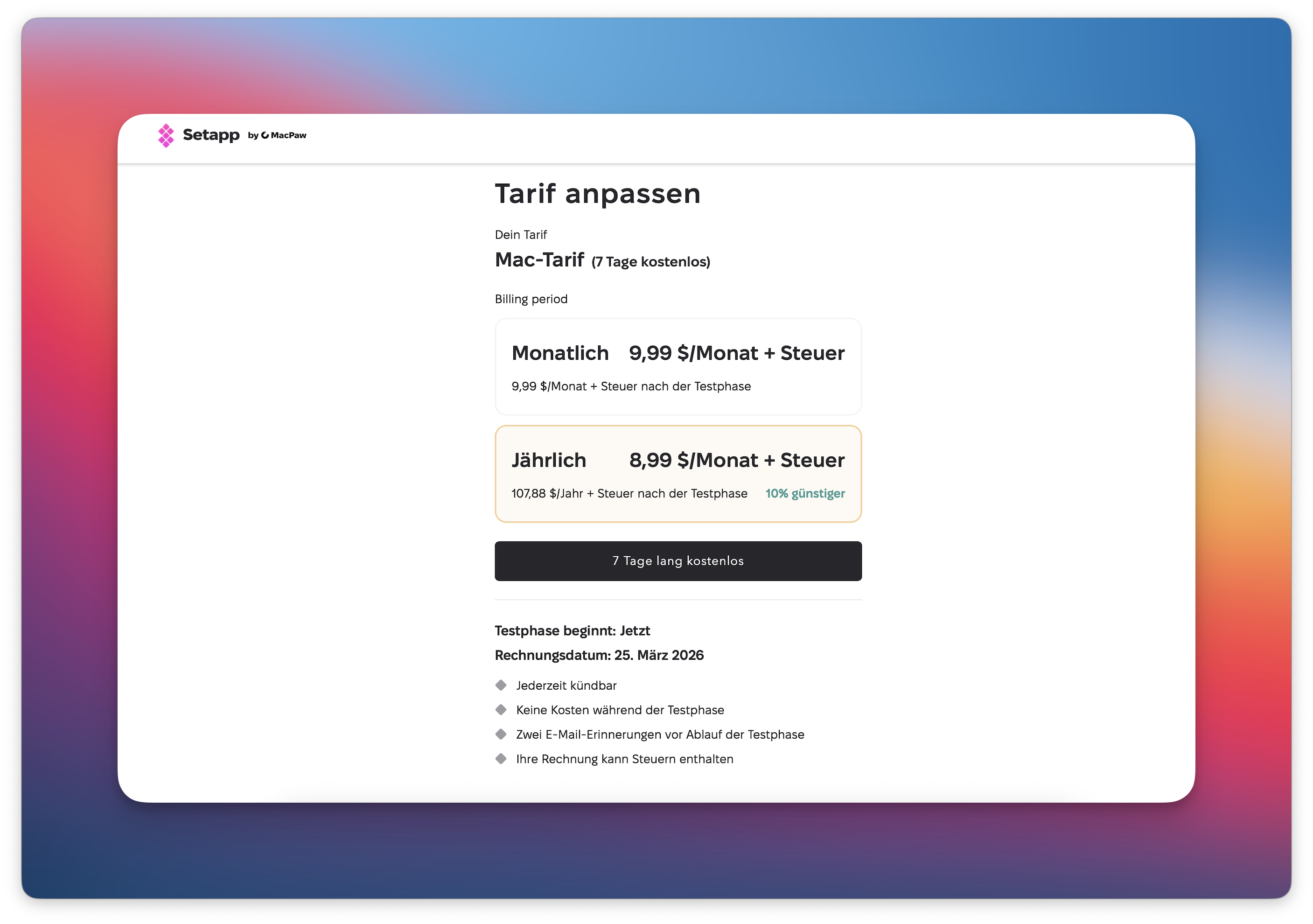 Der Screenshot zeigt die Seite „Tarif anpassen“, wobei die jährliche Abrechnung „Jährlich 8,99 $/Monat + Steuer“ als ausgewählte Option hervorgehoben ist.