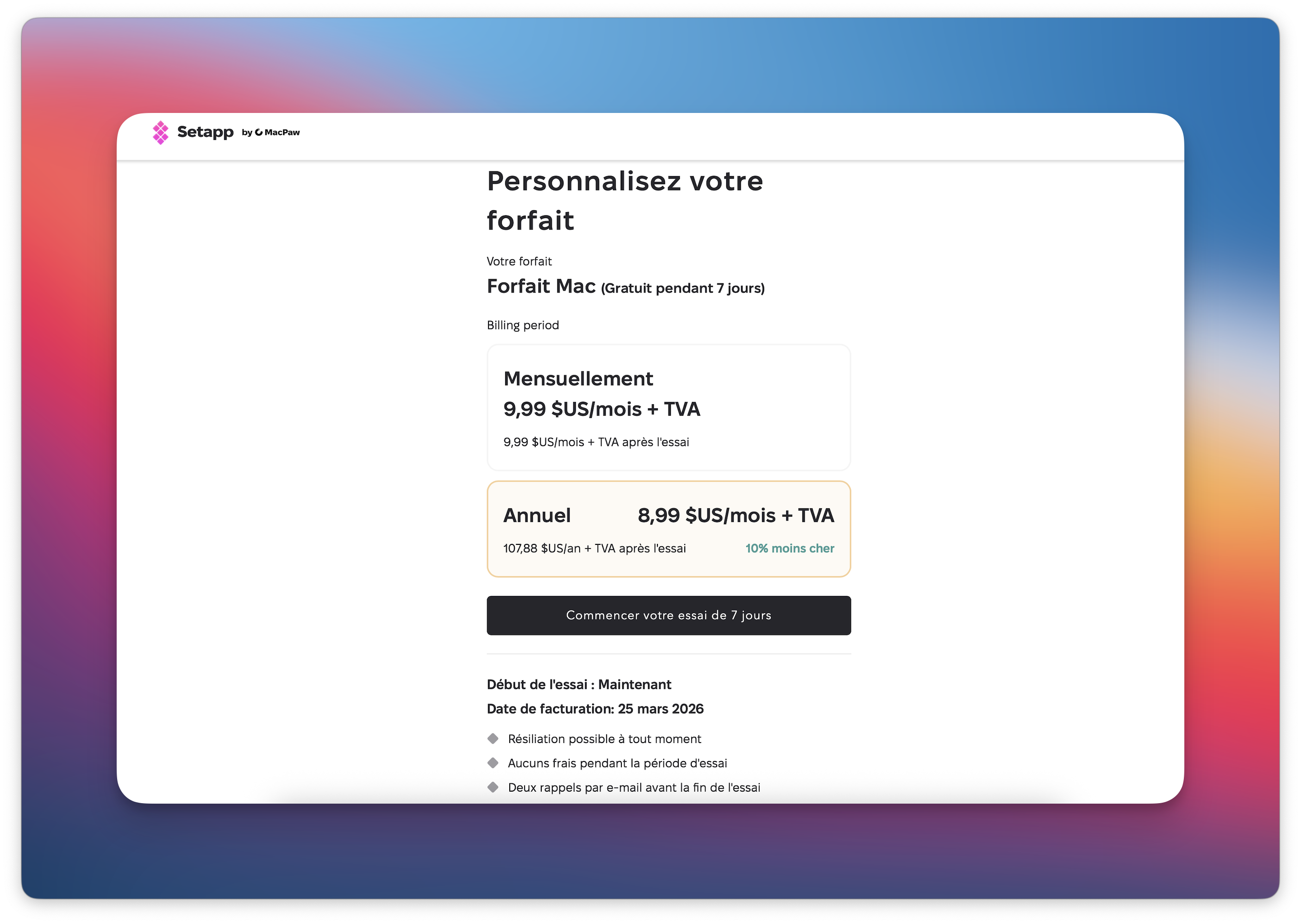 La capture d’écran montre la page « Personnalisez votre forfait », avec l’option annuelle « Annuel 8,99 $US/mois + TVA » sélectionnée et mise en évidence.