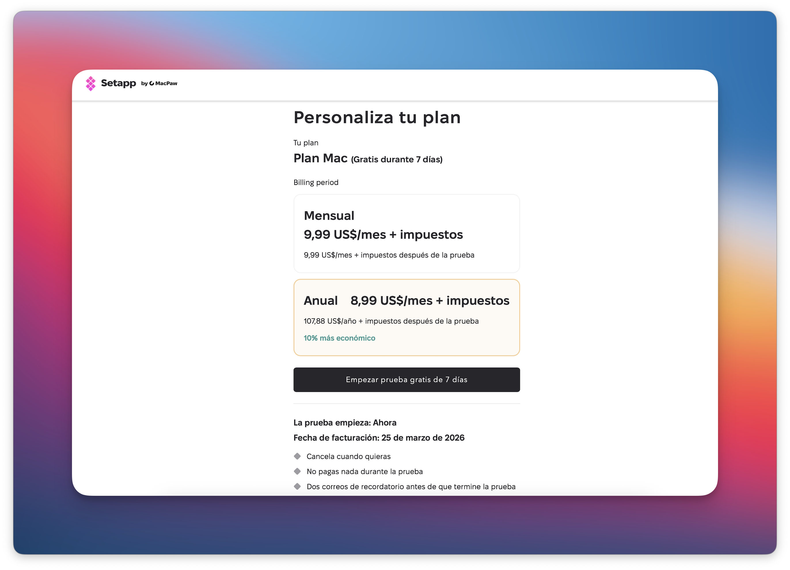 La captura muestra la página «Personaliza tu plan», con la opción anual «Anual 8,99 US$/mes + impuestos» seleccionada y resaltada.