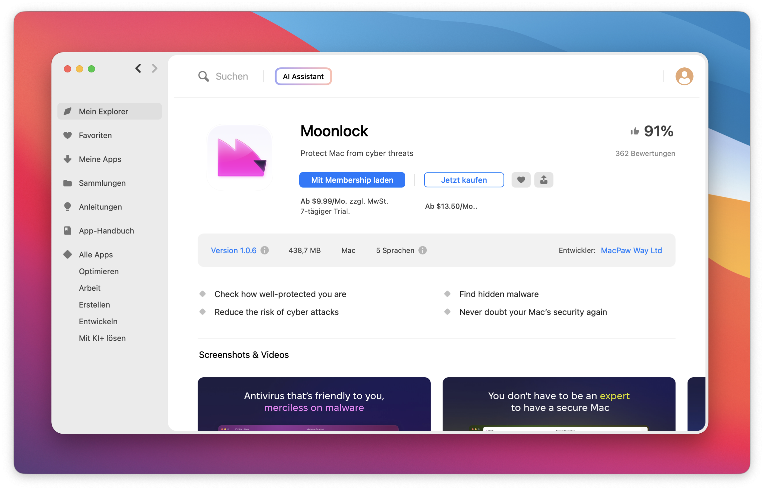 Der Screenshot zeigt die Moonlock-Programmseite mit Optionen, das Programm über Mitgliedschaft zu erhalten oder es separat zu kaufen