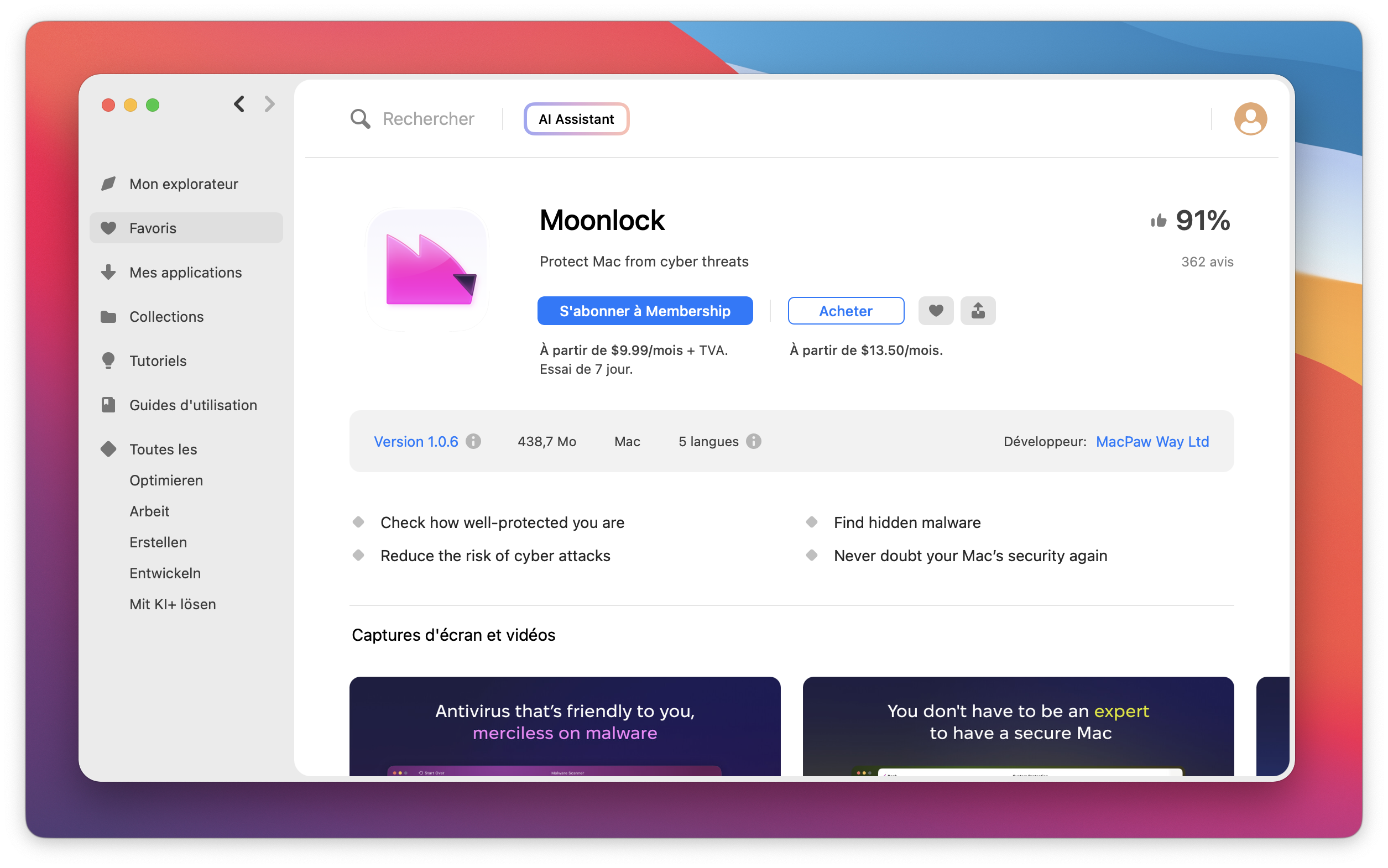 La capture d'écran montre la page de l'application Moonlock avec des options pour obtenir l'application via un abonnement ou l'acheter séparément