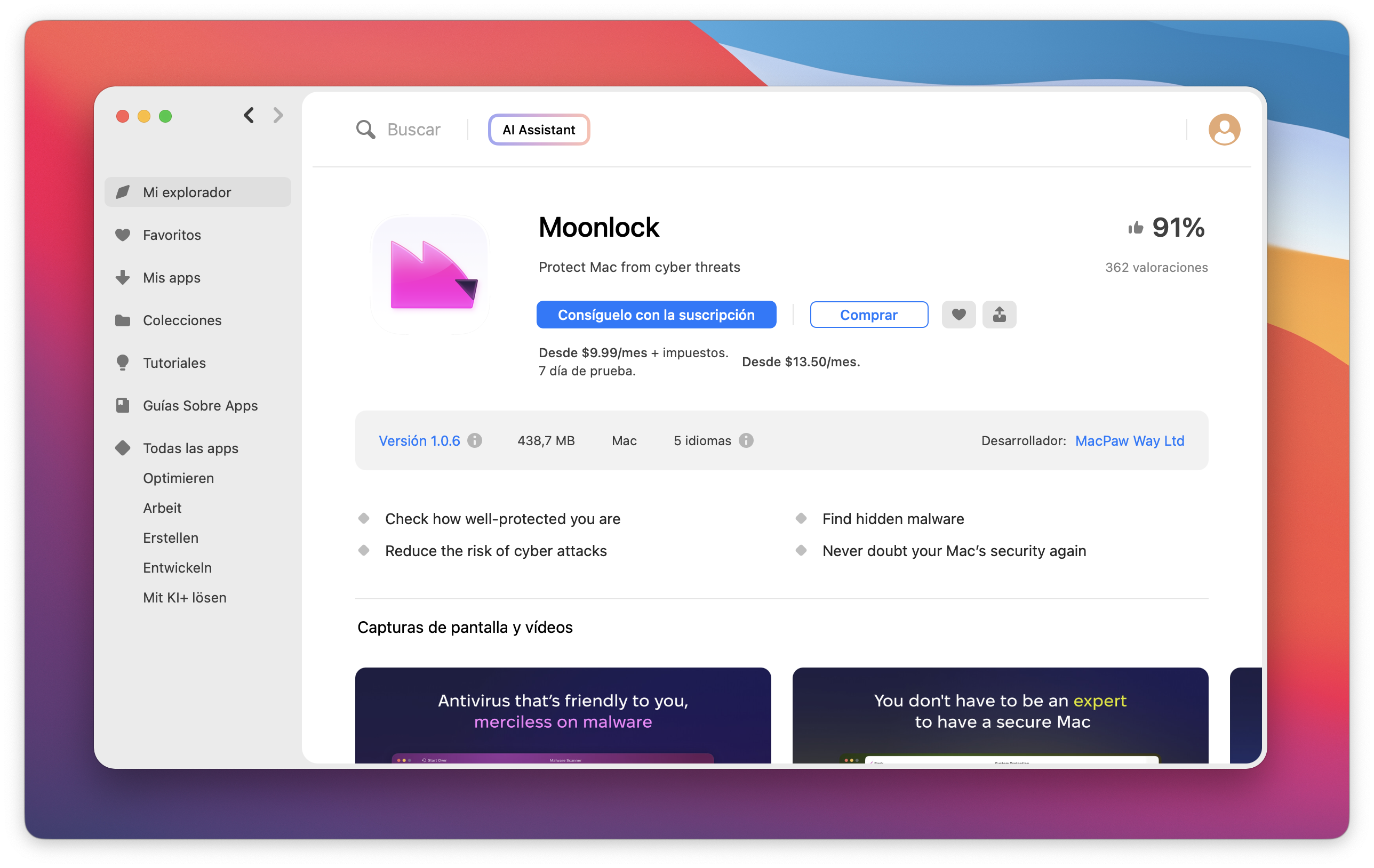 La captura muestra la página de la app Moonlock con opciones para obtener la app a través de la suscripción o comprarla por separado