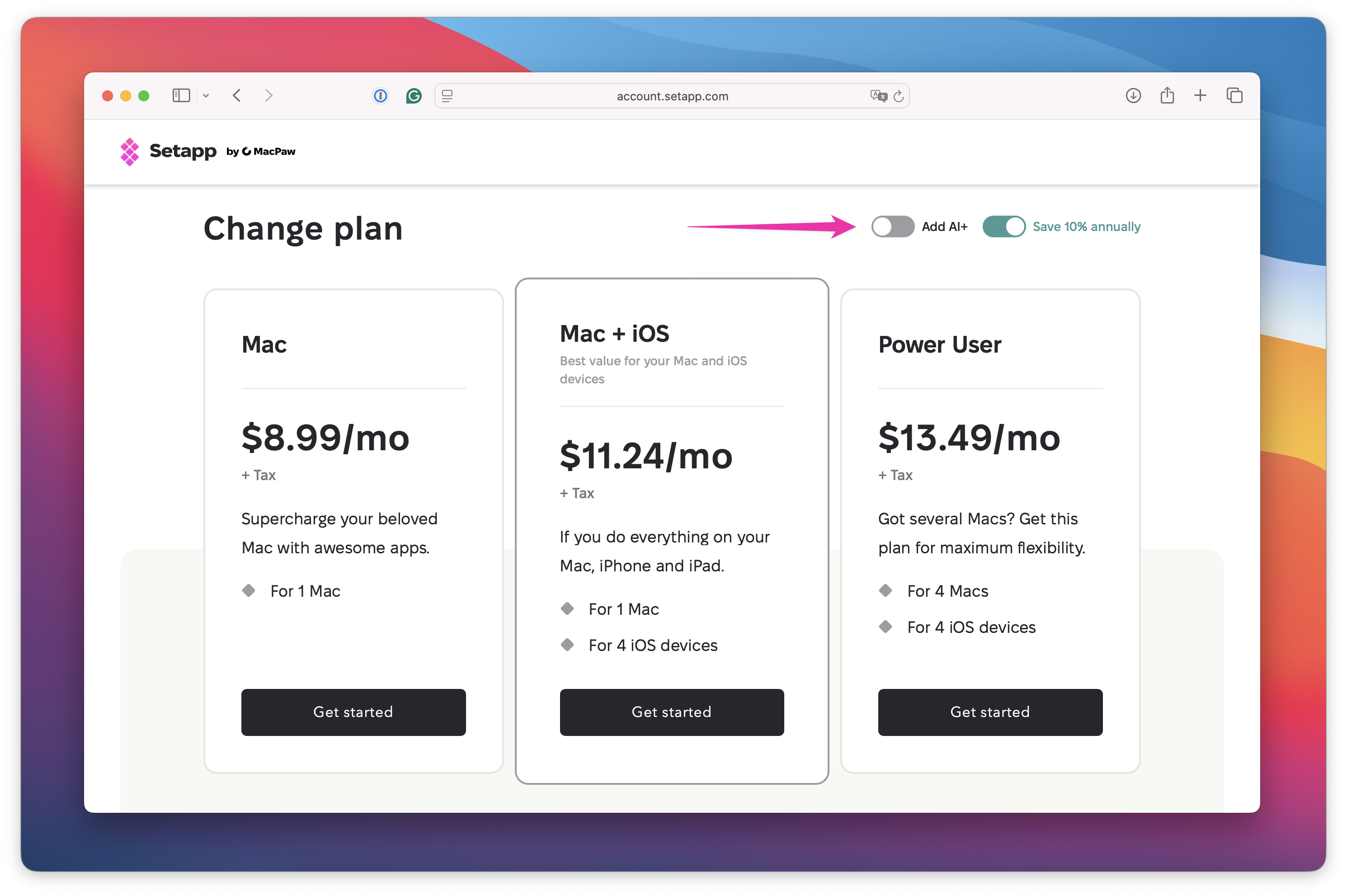 Setapp "Change plan" page with Mac, Mac + iOS and Power User plans, as well as highlighted toggles "Activate AI+" and "Save 10% annually".