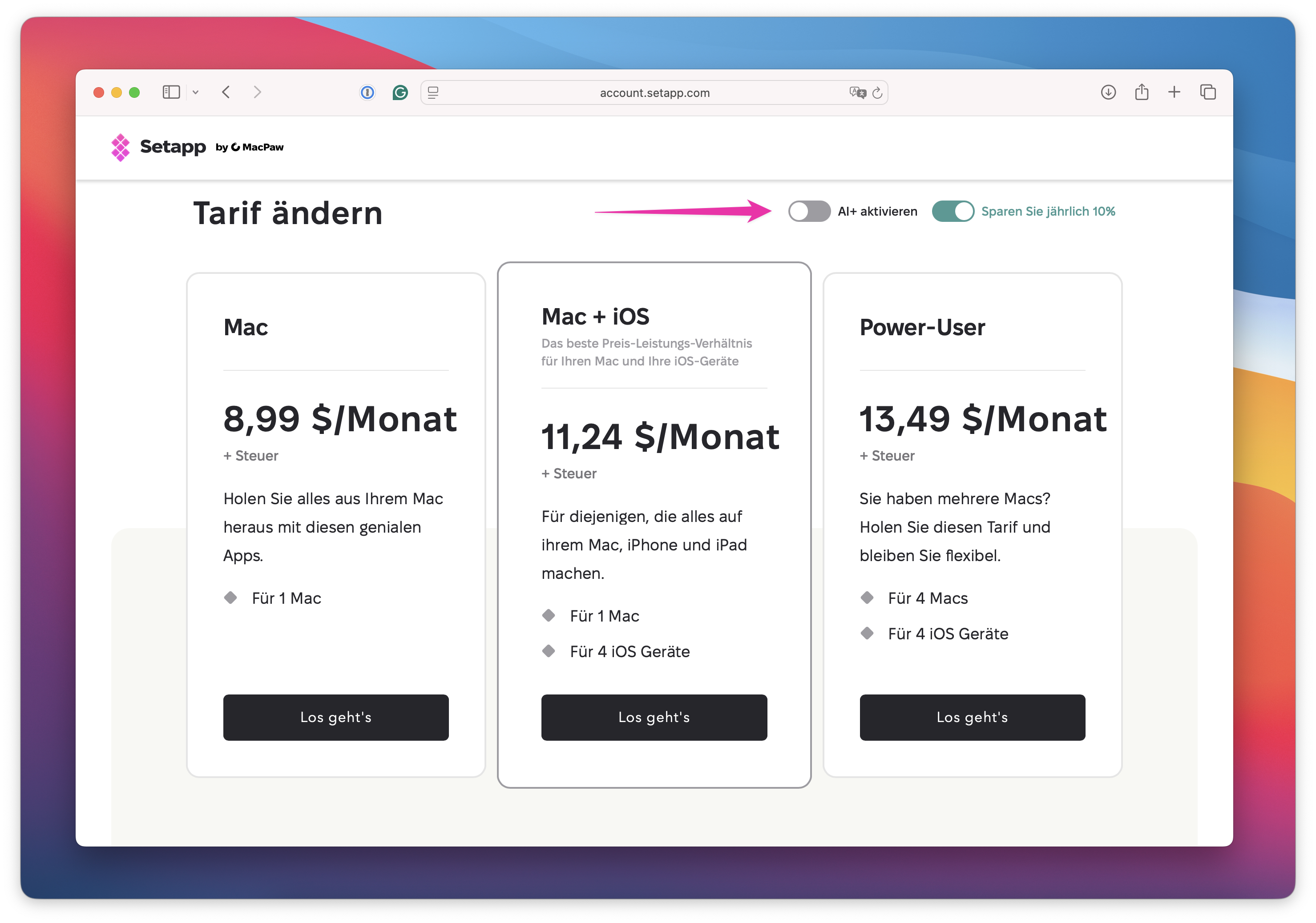  Setapp „Tarif ändern"-Seite mit Mac, Mac + iOS und Power-User-Tarifen sowie hervorgehobenen Toggles „AI+ aktivieren" und „Sparen Sie jährlich 10%".