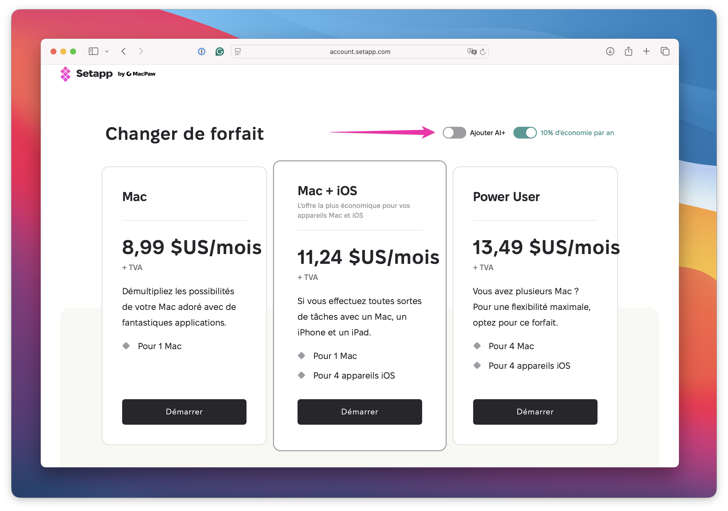 Page « Changer de forfait » Setapp avec les forfaits Mac, Mac + iOS et Power User, et les bascules « Ajouter AI+ » et « 10% d'économie par an » mises en évidence.