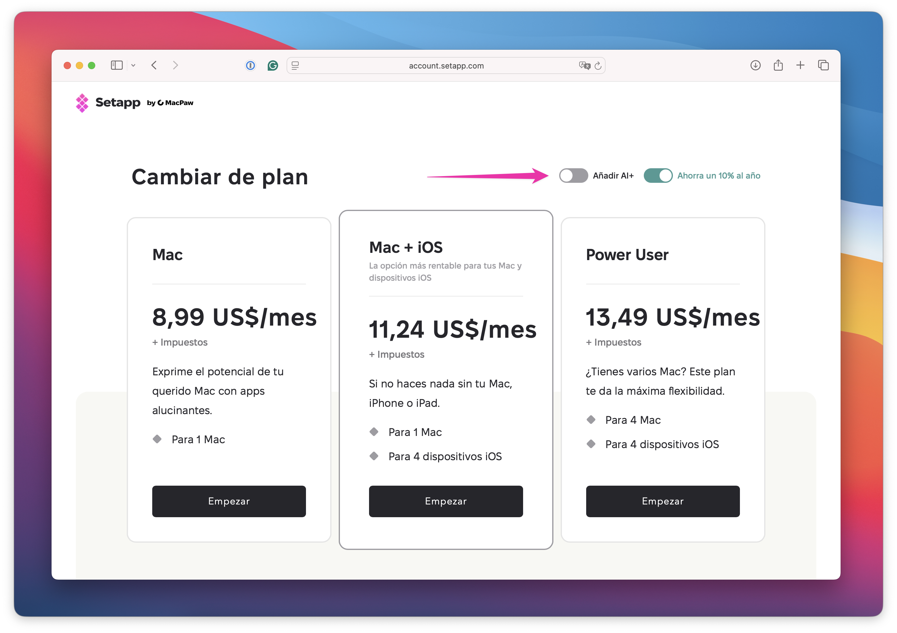 Página «Cambiar de plan» de Setapp con planes Mac, Mac + iOS y Power User, y los interruptores «Añadir AI+» y «Ahorra un 10% al año» destacados.