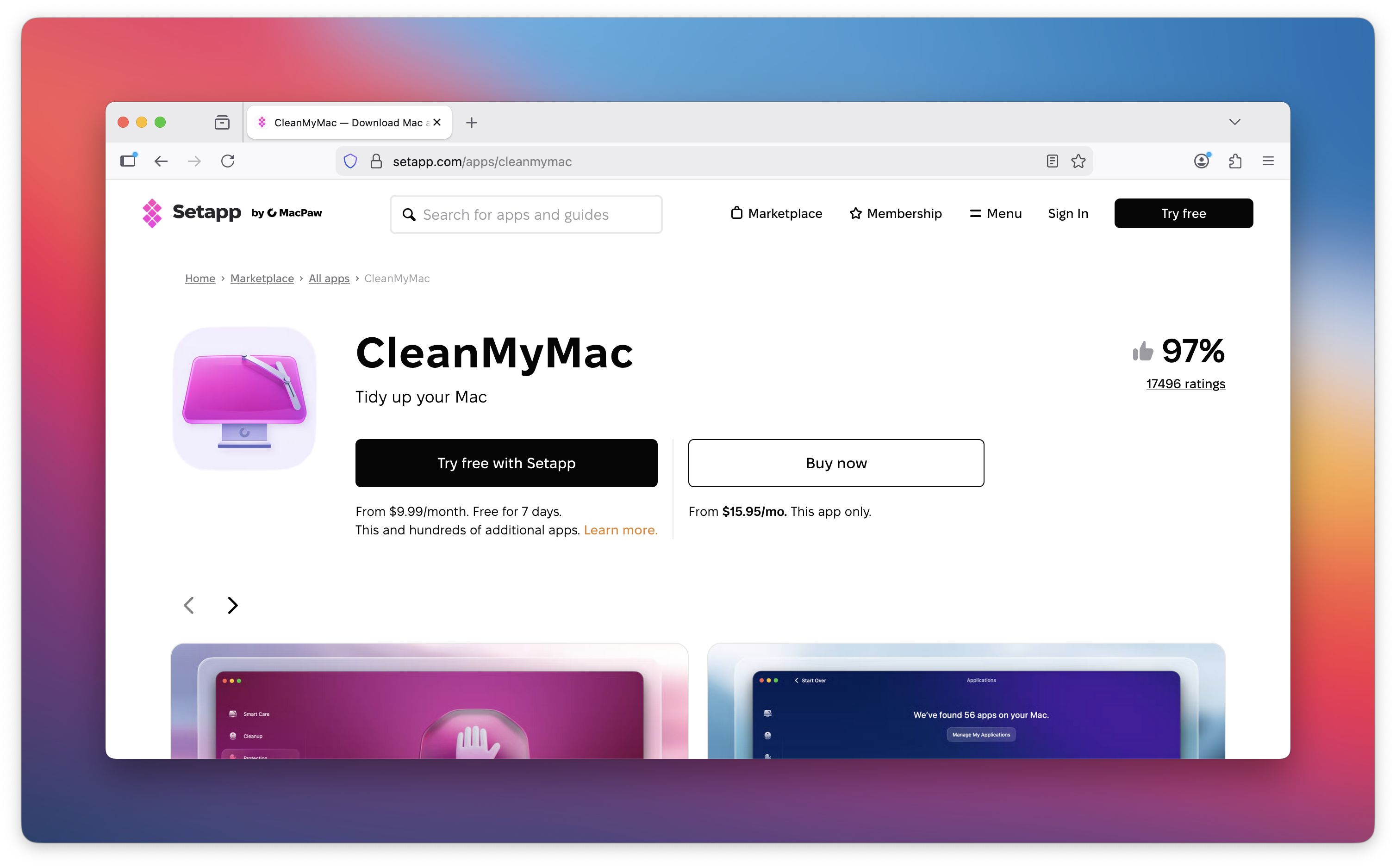 The screenshot shows the CleanMyMac product page on the Setapp website with buttons Try free with Setapp and Buy now