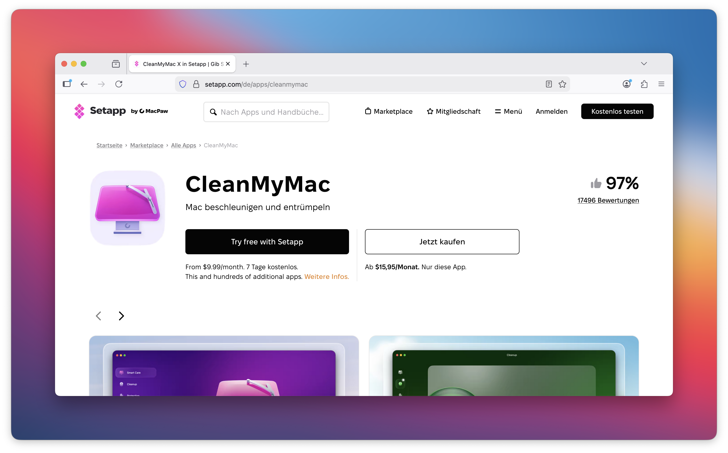 Die Ansicht zeigt die CleanMyMac-Seite auf der Setapp-Website mit der Schaltfläche Kostenlos testen mit Setapp und der Option Jetzt kaufen sowie einer Bewertung von 97 % auf der rechten Seite.