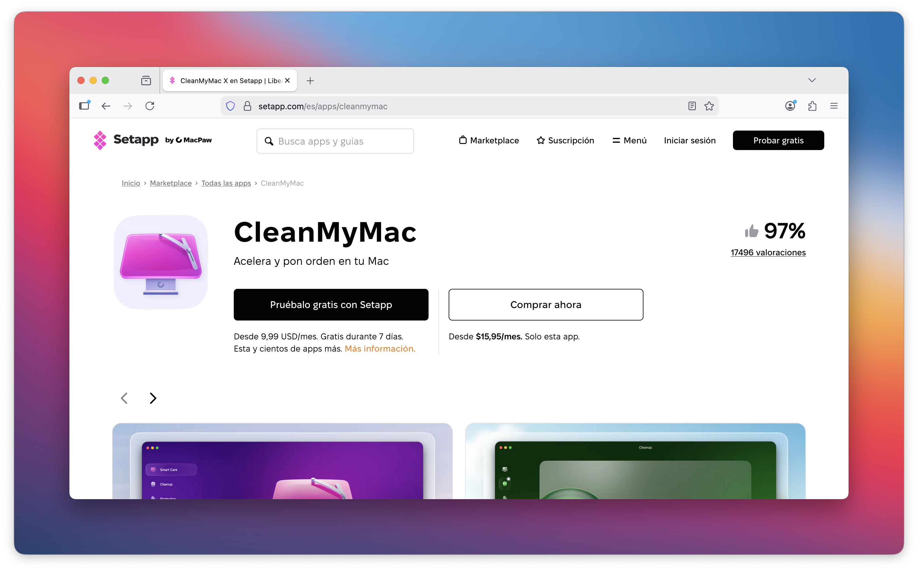 La captura muestra la página de CleanMyMac en Setapp con los botones Prueba gratis con Setapp y Comprar ahora, una valoración del 97% con 17347 valoraciones y vistas previas de la app debajo.