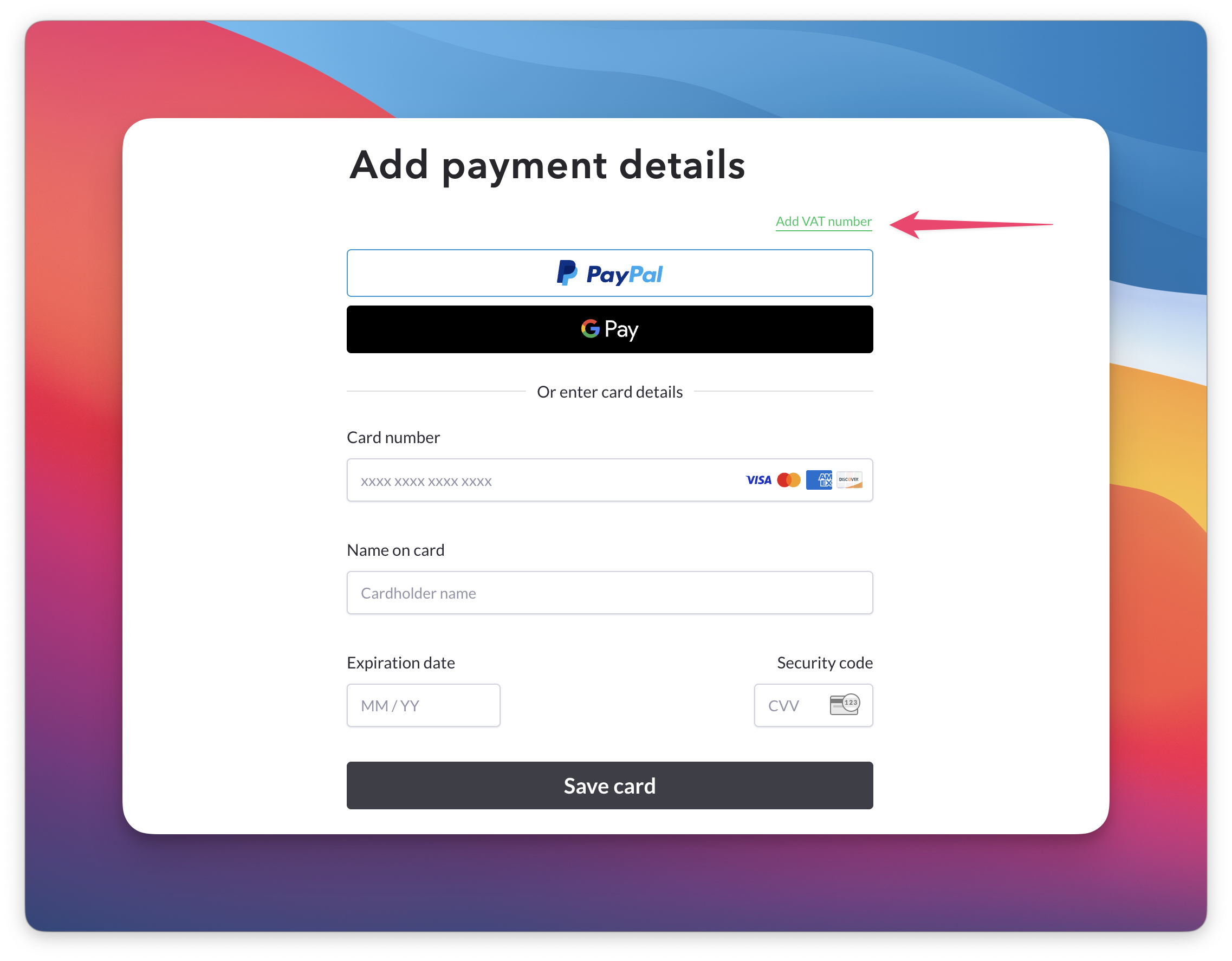 The screenshot shows the Add payment details page with a green Add VAT number link in the upper right corner.