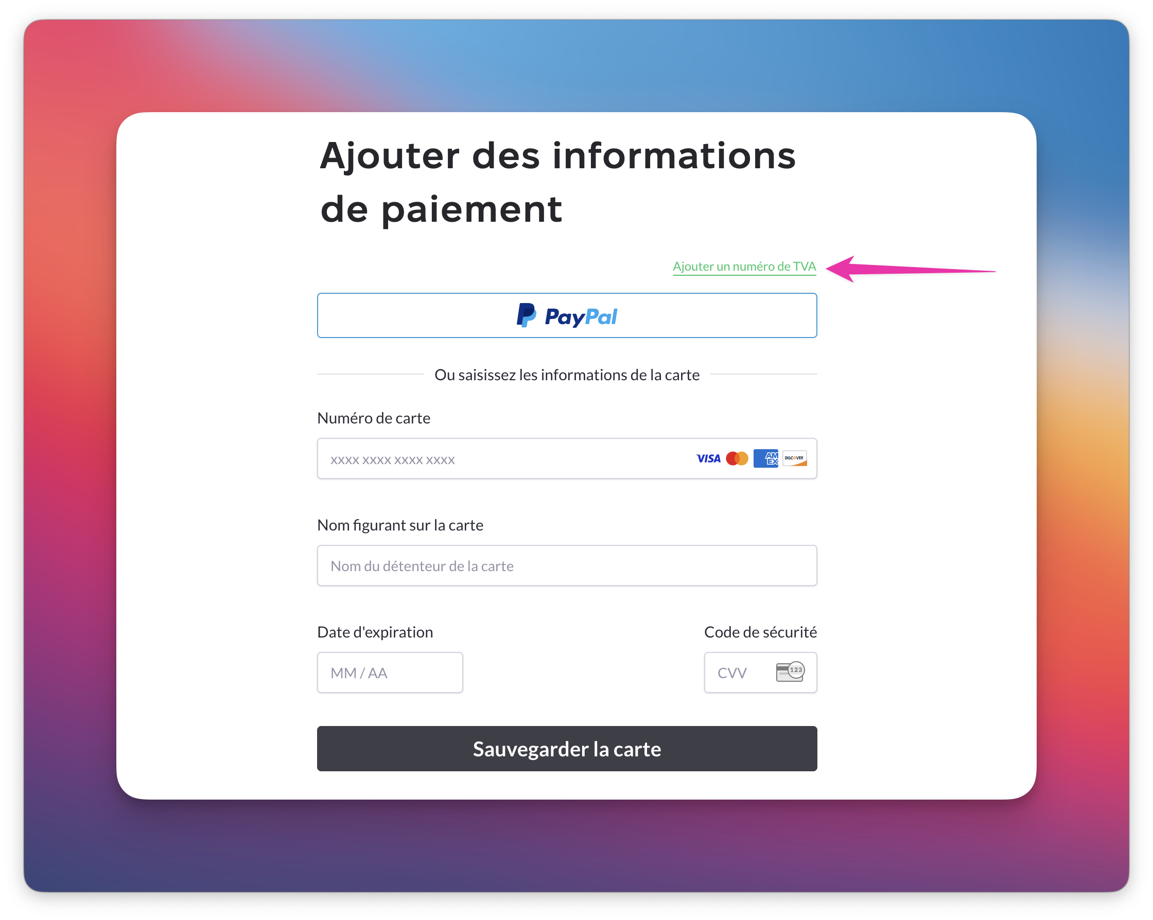 L’élément surligné montre le lien Ajouter un numéro de TVA pour ajouter un numéro de TVA.