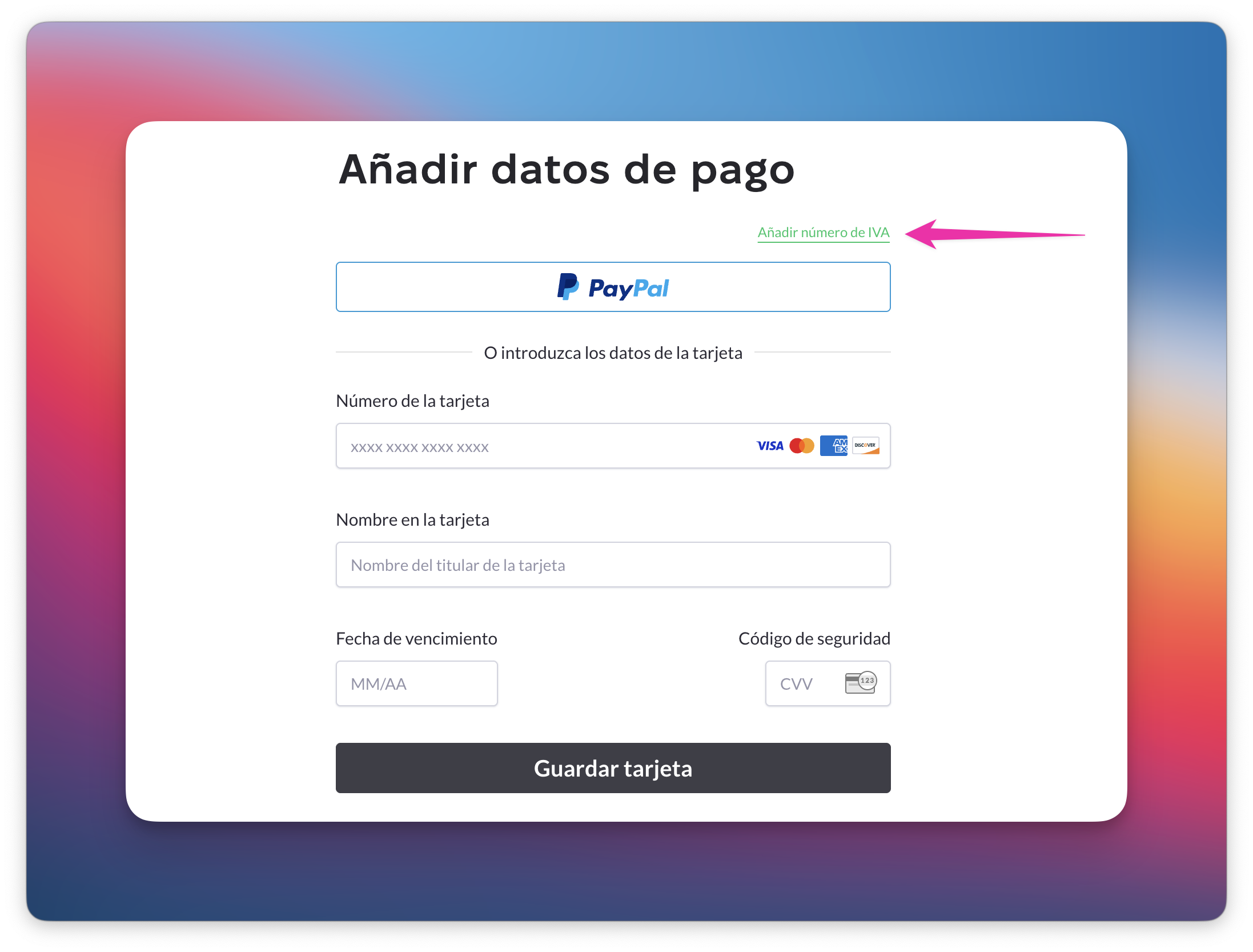 El elemento resaltado muestra el enlace Añadir número de IVA para agregar un número de IVA.