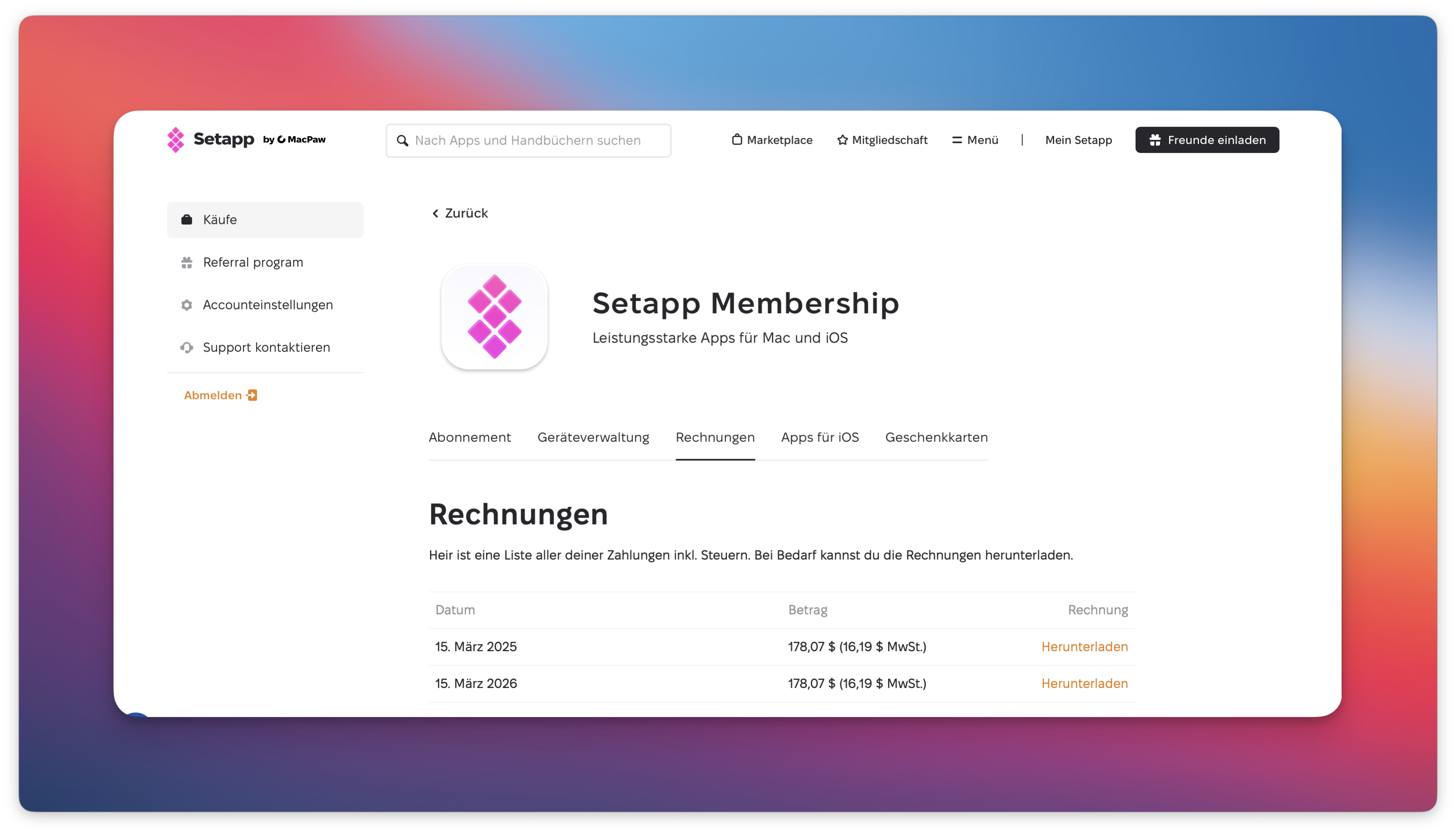 Der Tab Rechnungen ist aktiv und zeigt einen Zahlungseintrag mit Datum, Betrag, Steuer und einem Link zum Herunterladen.