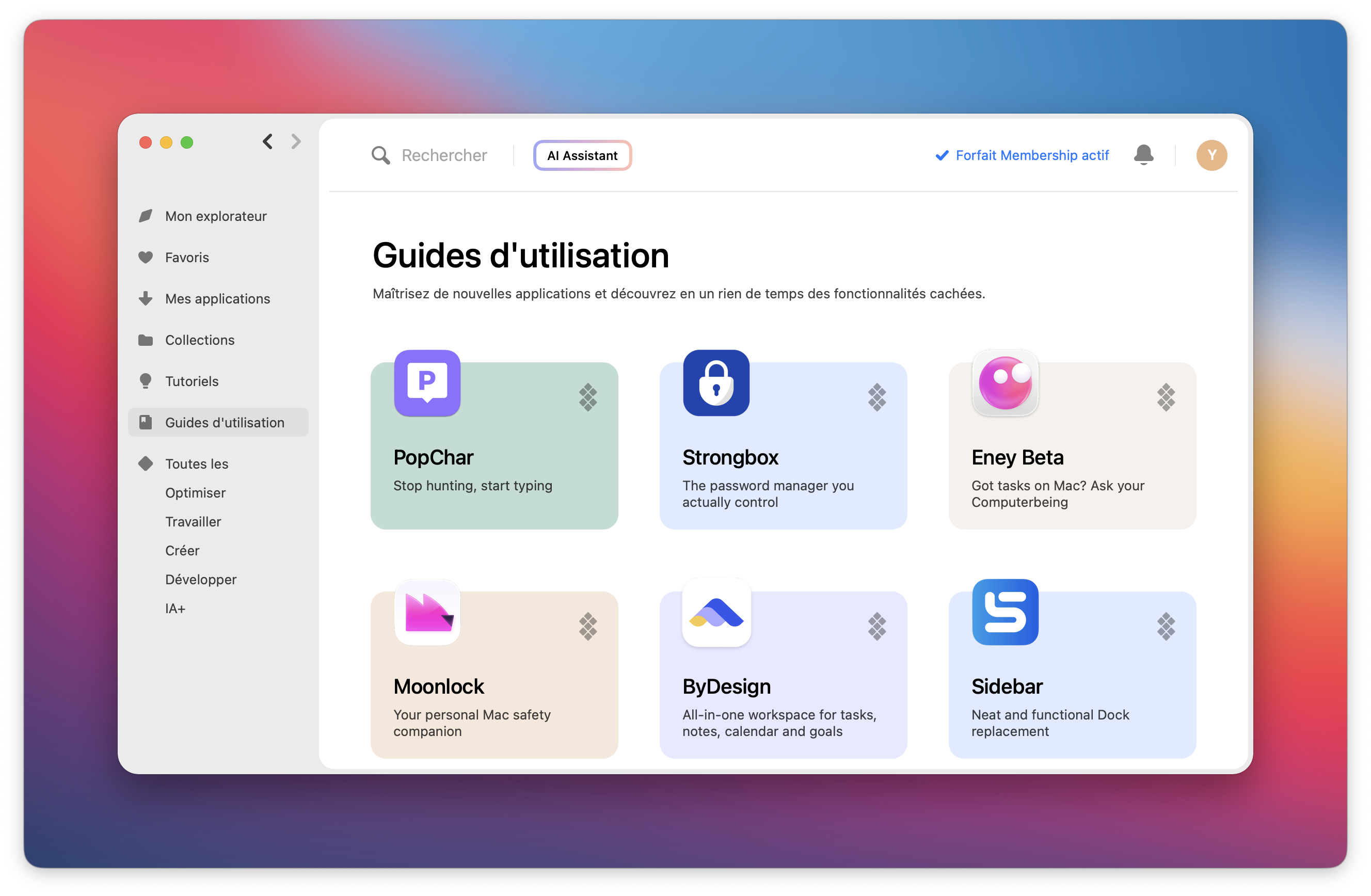 L’écran affiche l’onglet Guides d’utilisation avec une grille d’apps et la section sélectionnée dans la barre latérale.